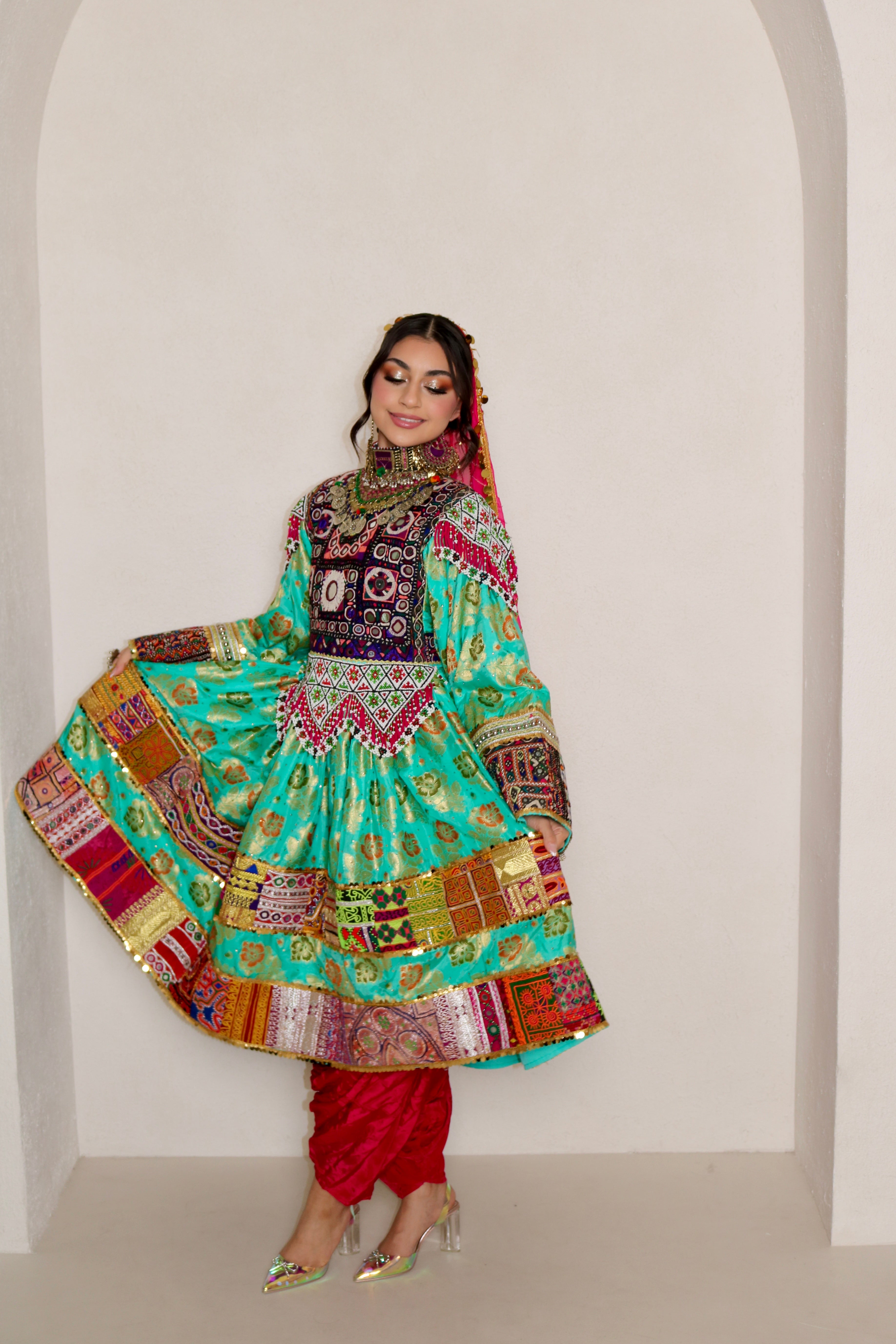 Palwasha Afghan Kuchi Dress (sea green/pink)