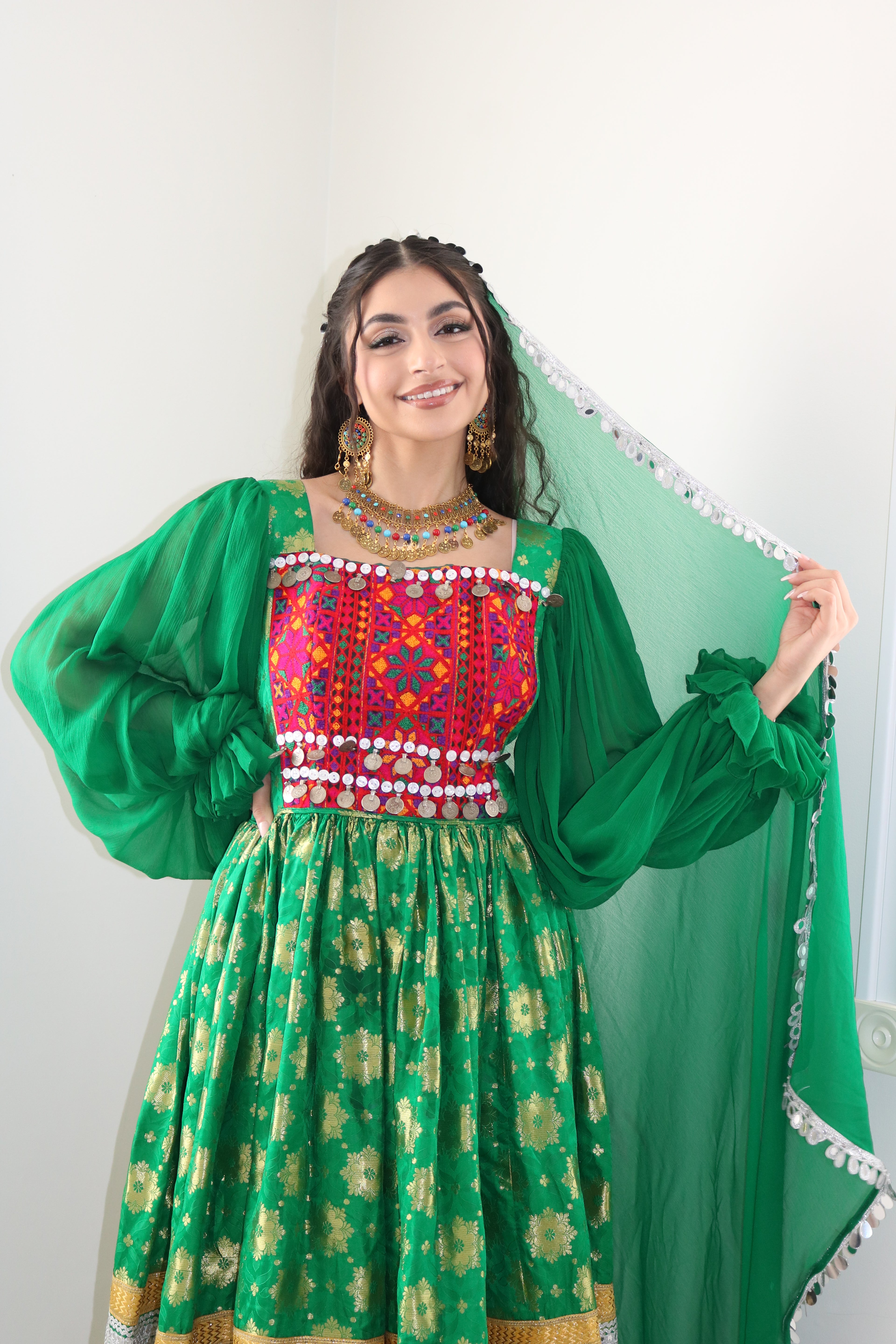 Nelofar Afghan Kuchi Dress- green