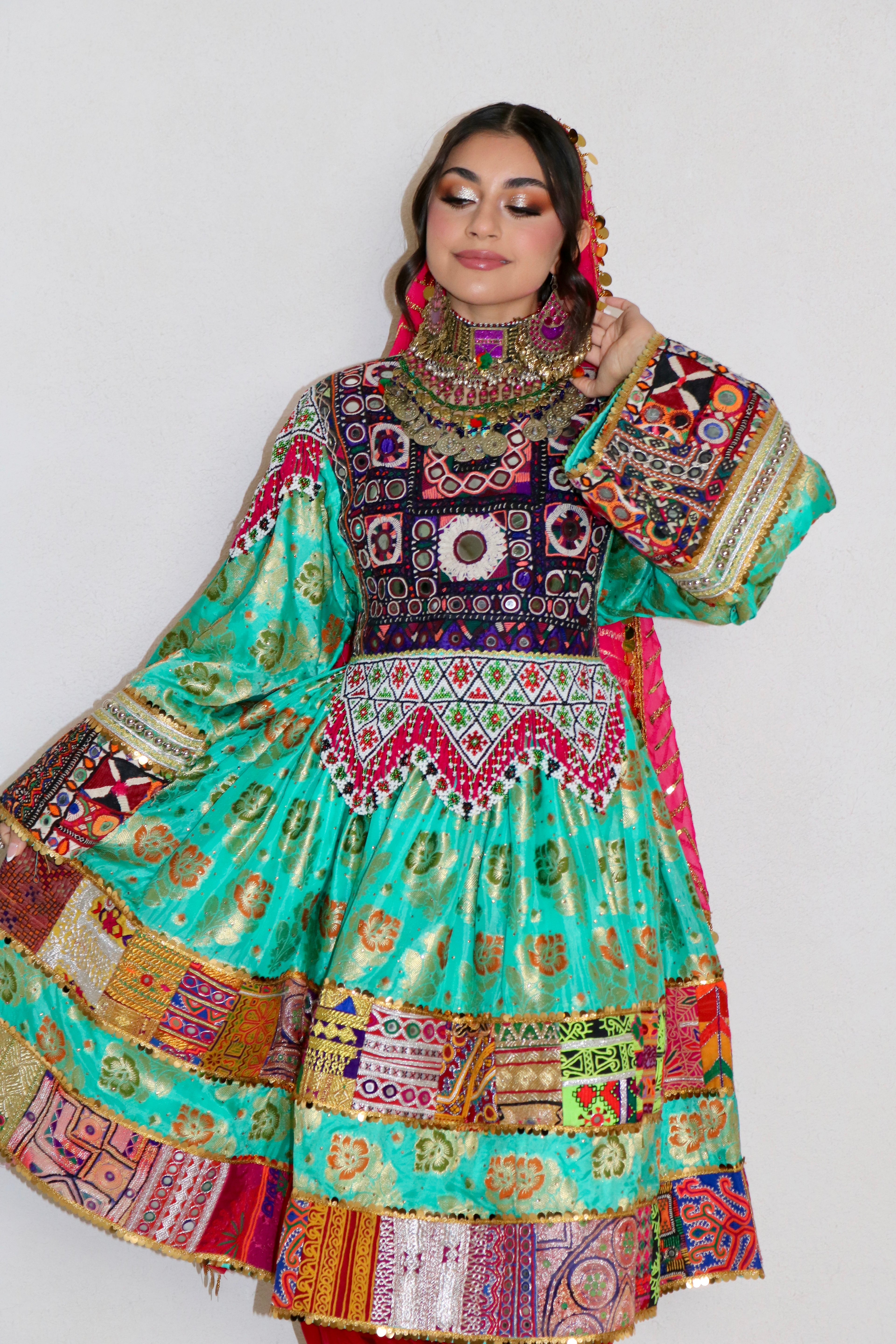 Palwasha Afghan Kuchi Dress (sea green/pink)