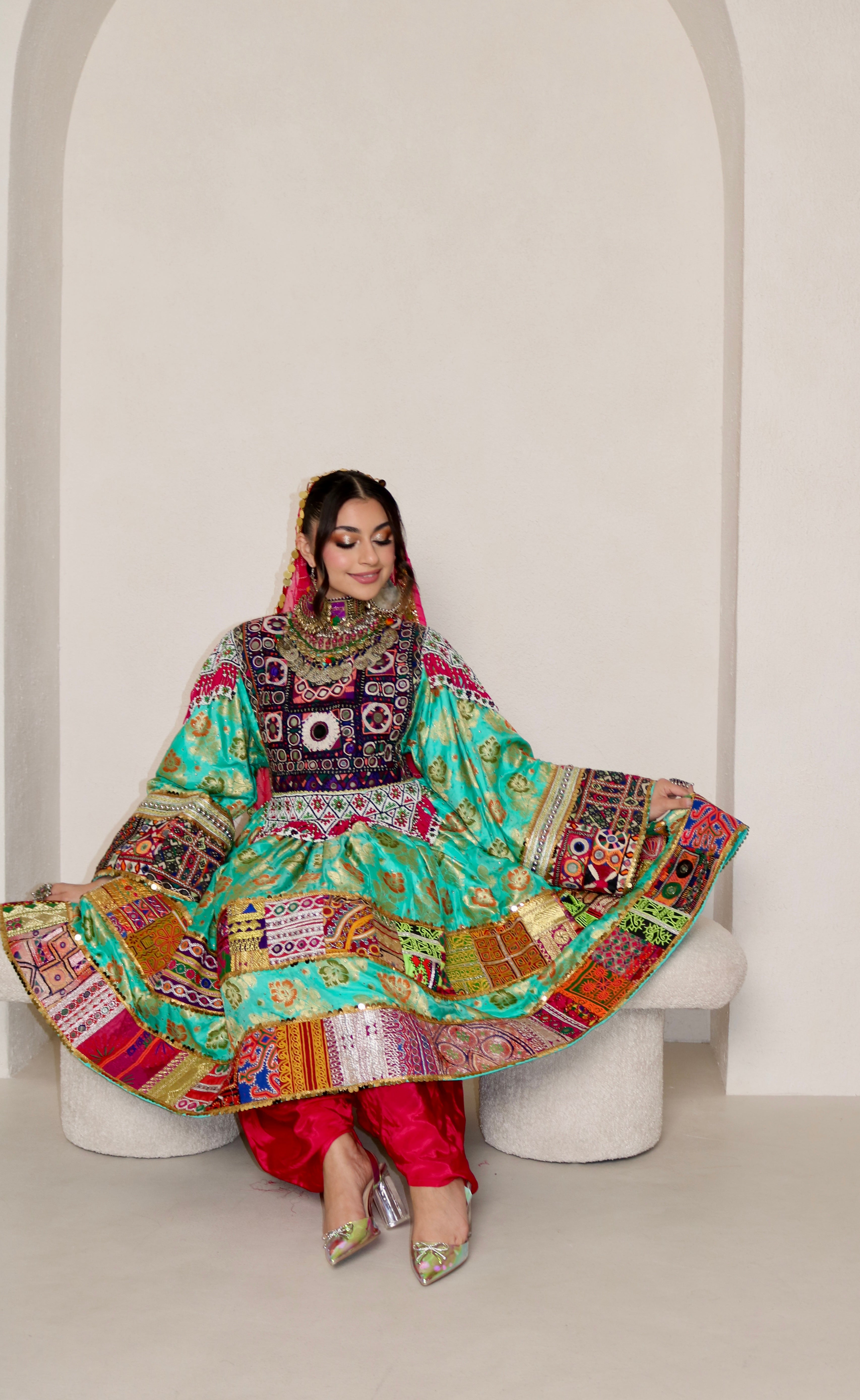 Palwasha Afghan Kuchi Dress (sea green/pink)