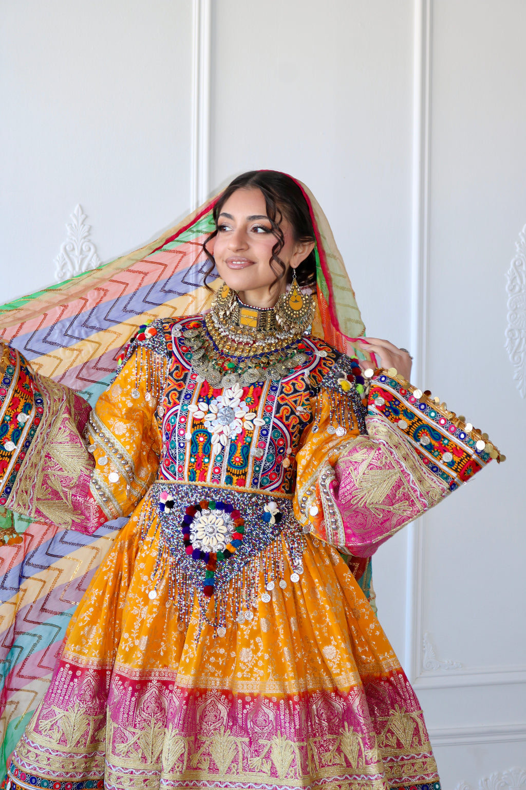 Fazila Afghan Kuchi Dress (pink/ yellow)