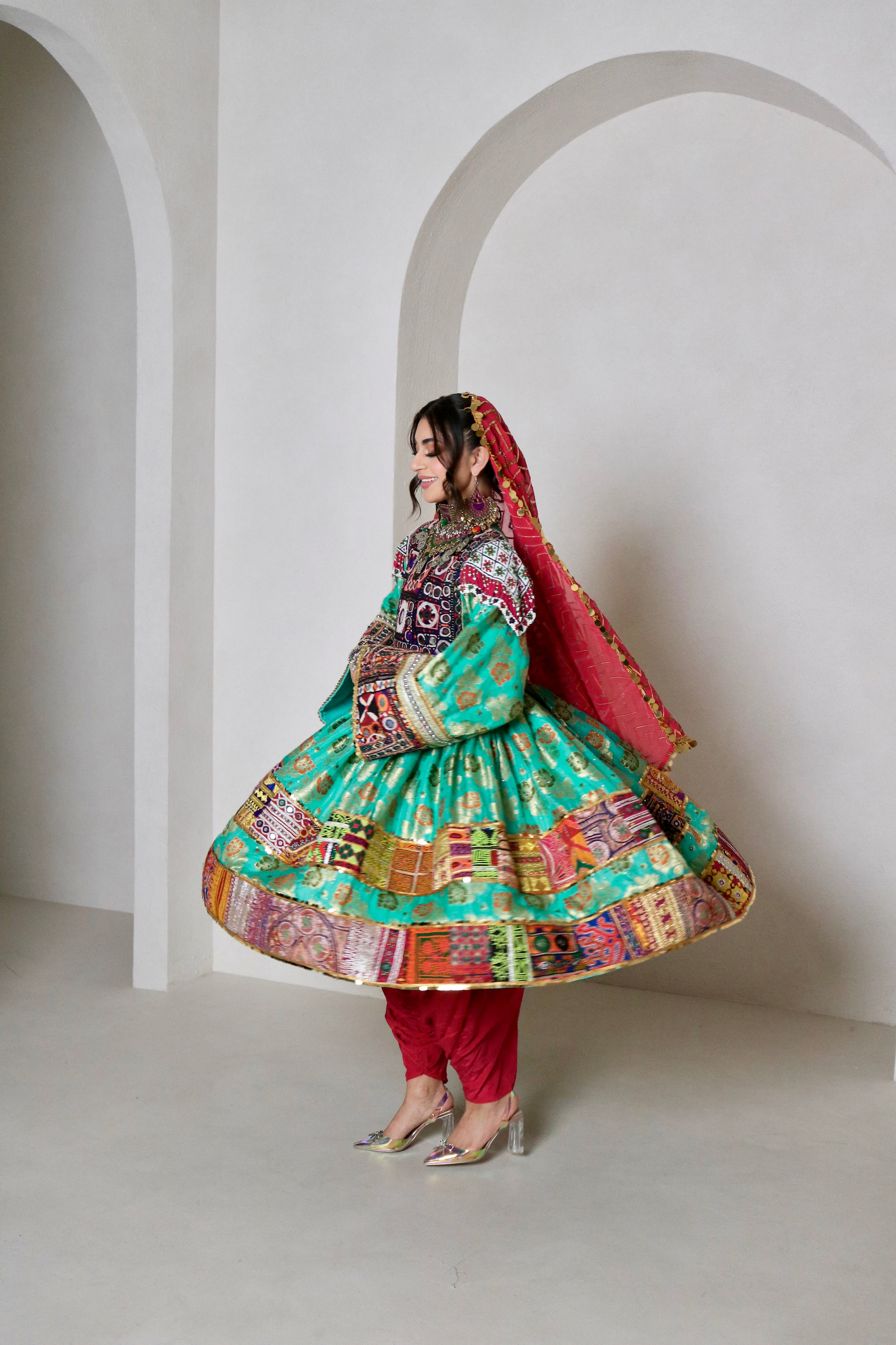 Palwasha Afghan Kuchi Dress (sea green/pink)