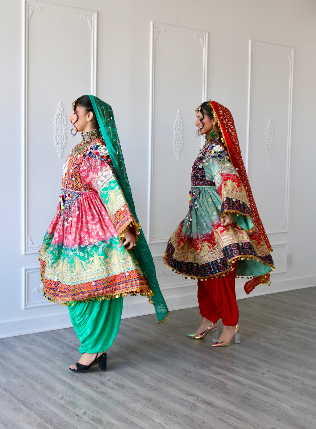 Afghan Kuchi Dress (pink/ sea green)