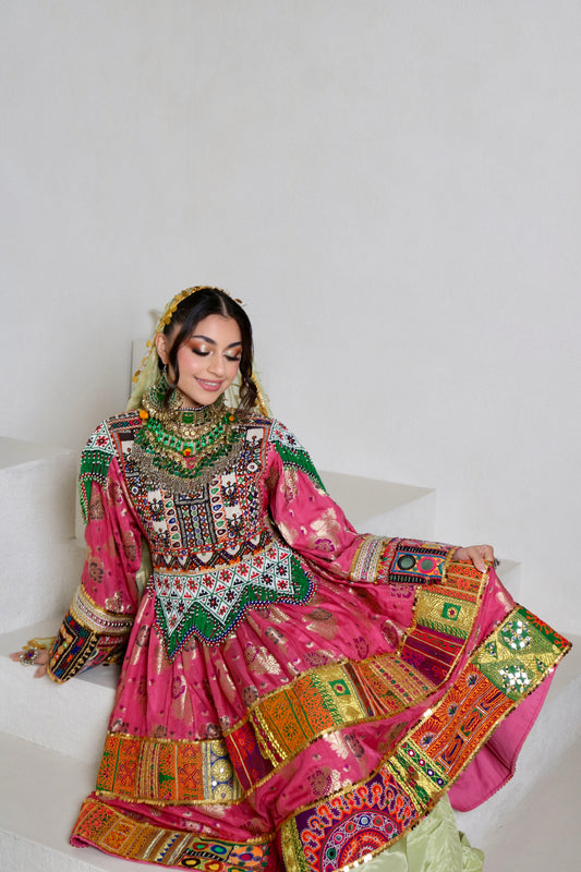 Palwasha Afghan Kuchi Dress (pink/mint green)
