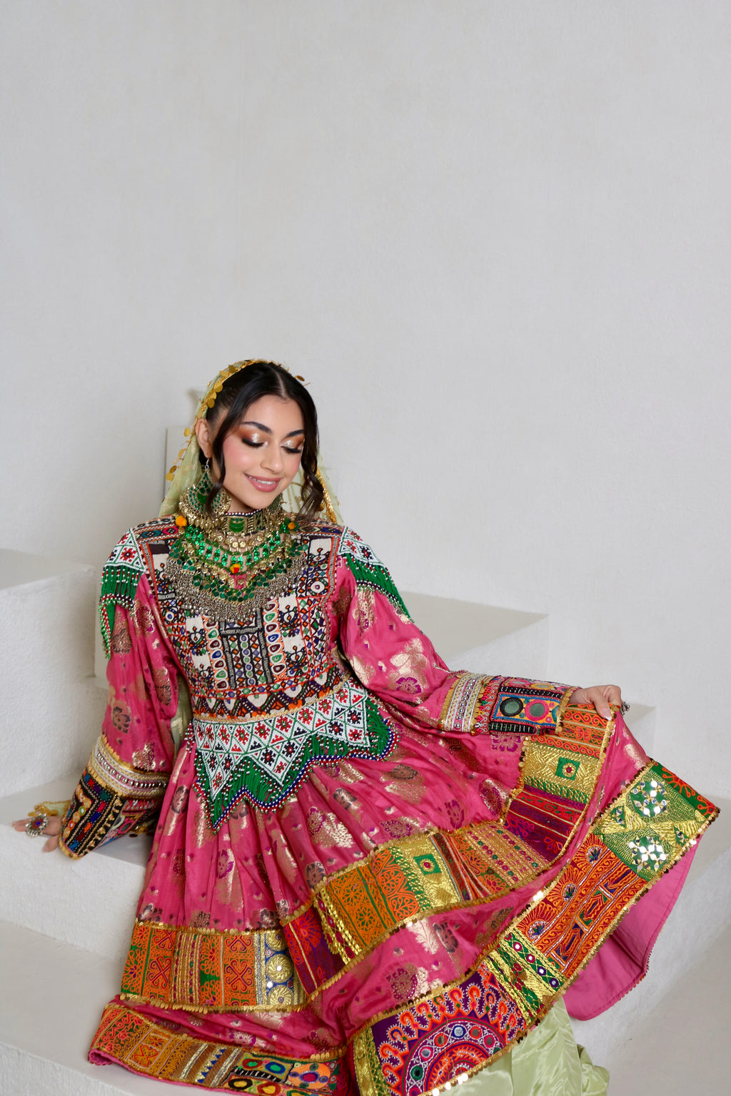 Palwasha Afghan Kuchi Dress (pink/mint green)