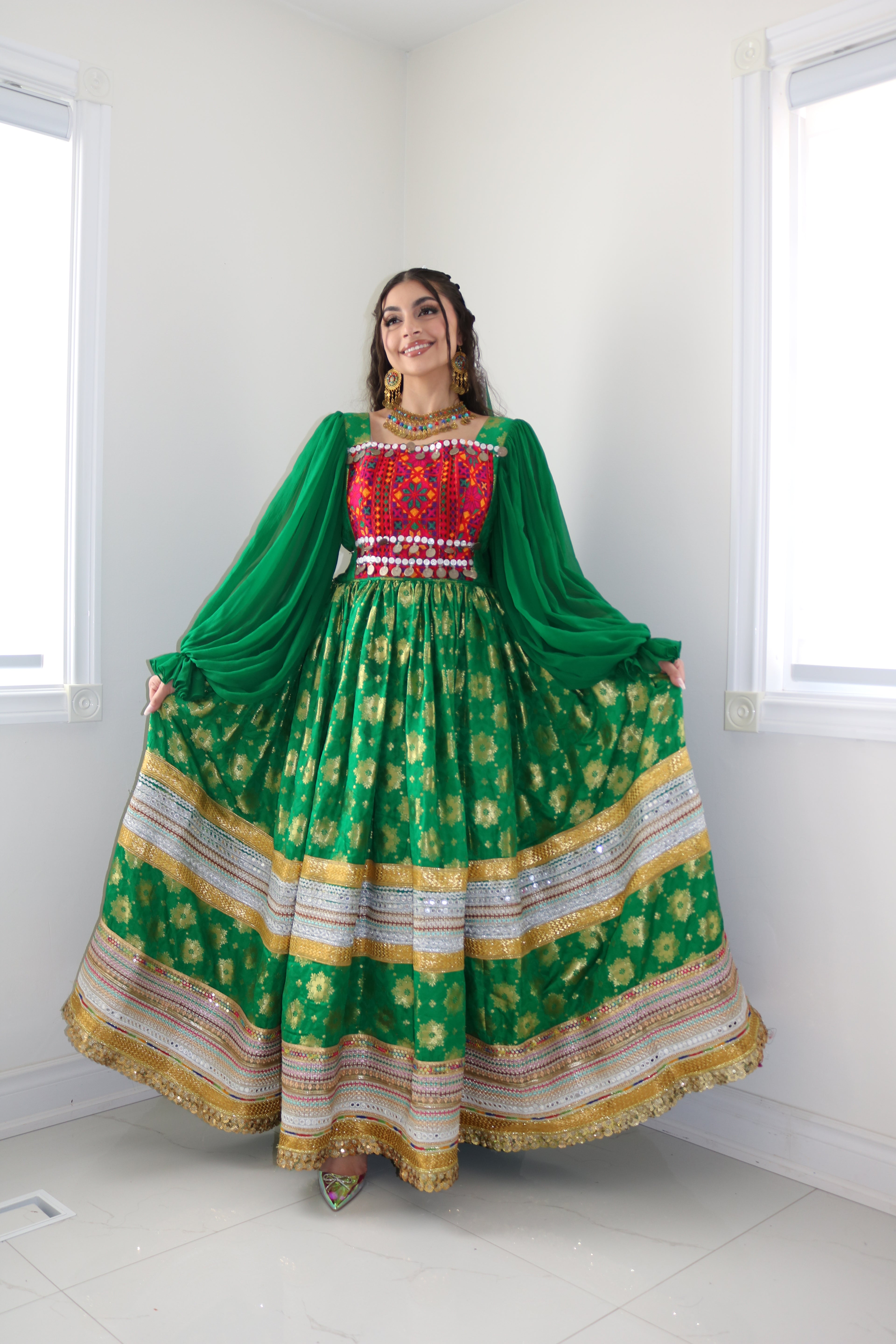 Nelofar Afghan Kuchi Dress- green