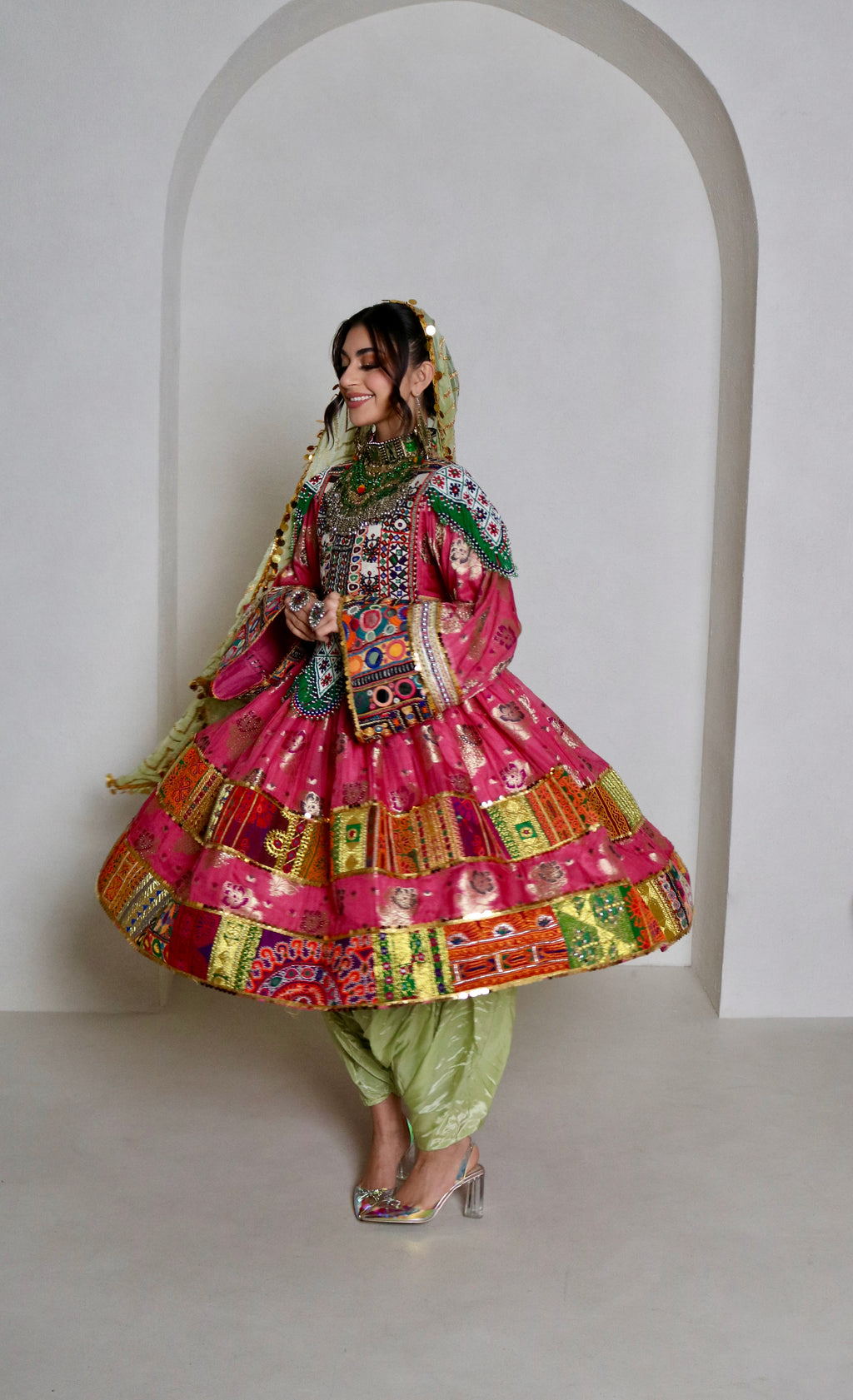 Palwasha Afghan Kuchi Dress (pink/mint green)