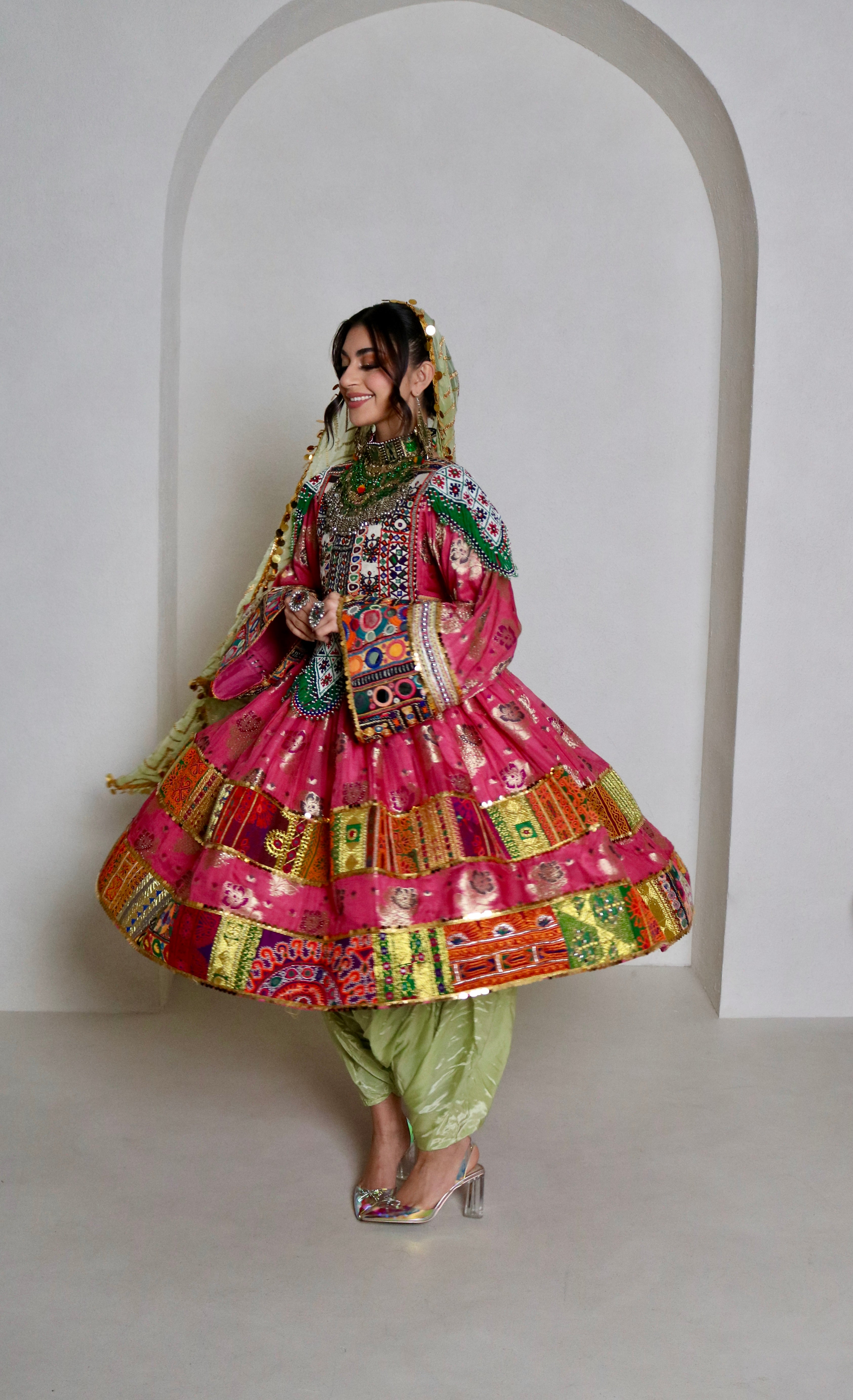 Palwasha Afghan Kuchi Dress (pink/mint green)