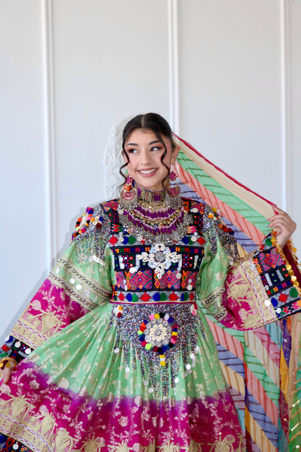 Afghan Kuchi Dress (mint green/ pink)