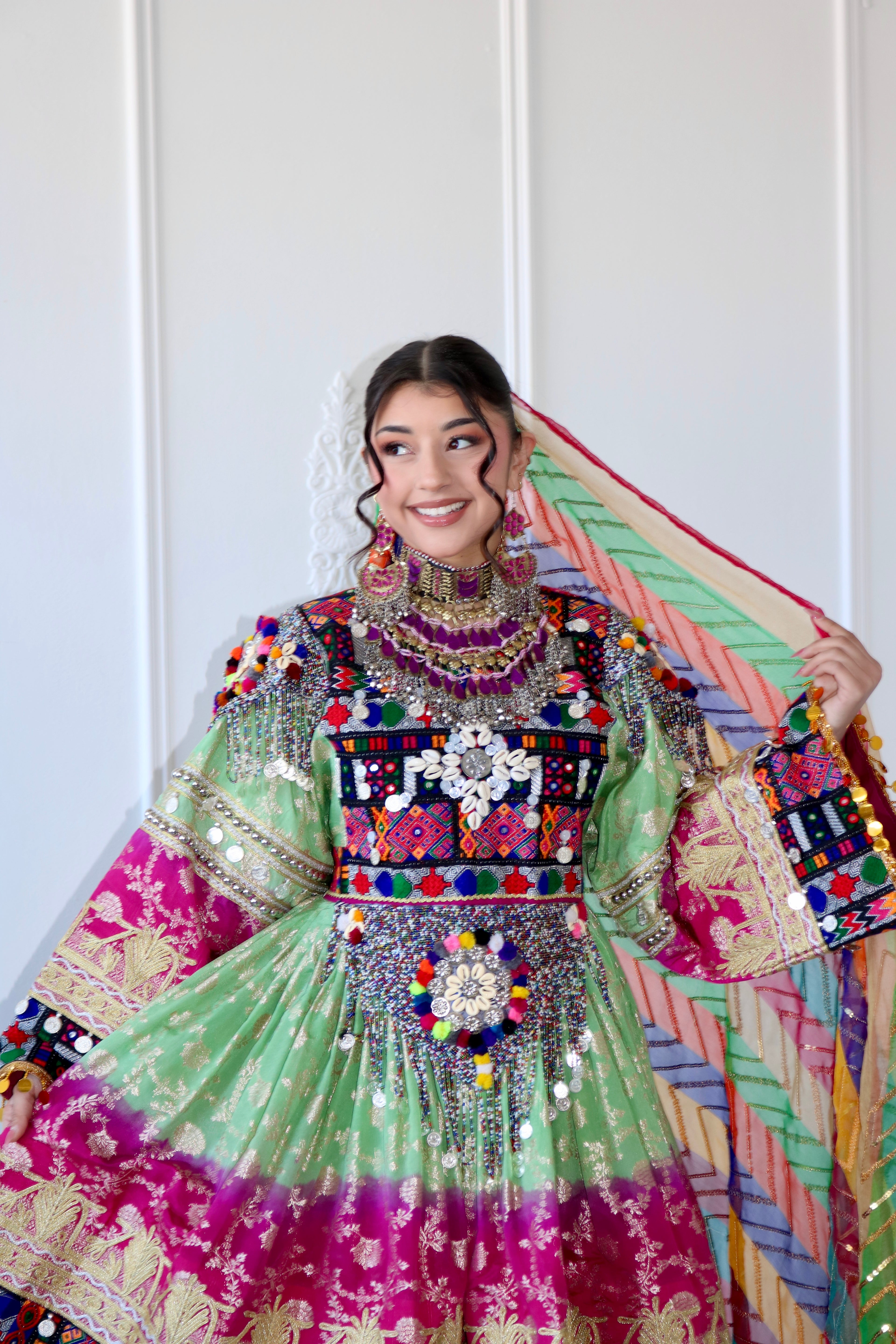 Afghan Kuchi Dress (mint green/ pink)