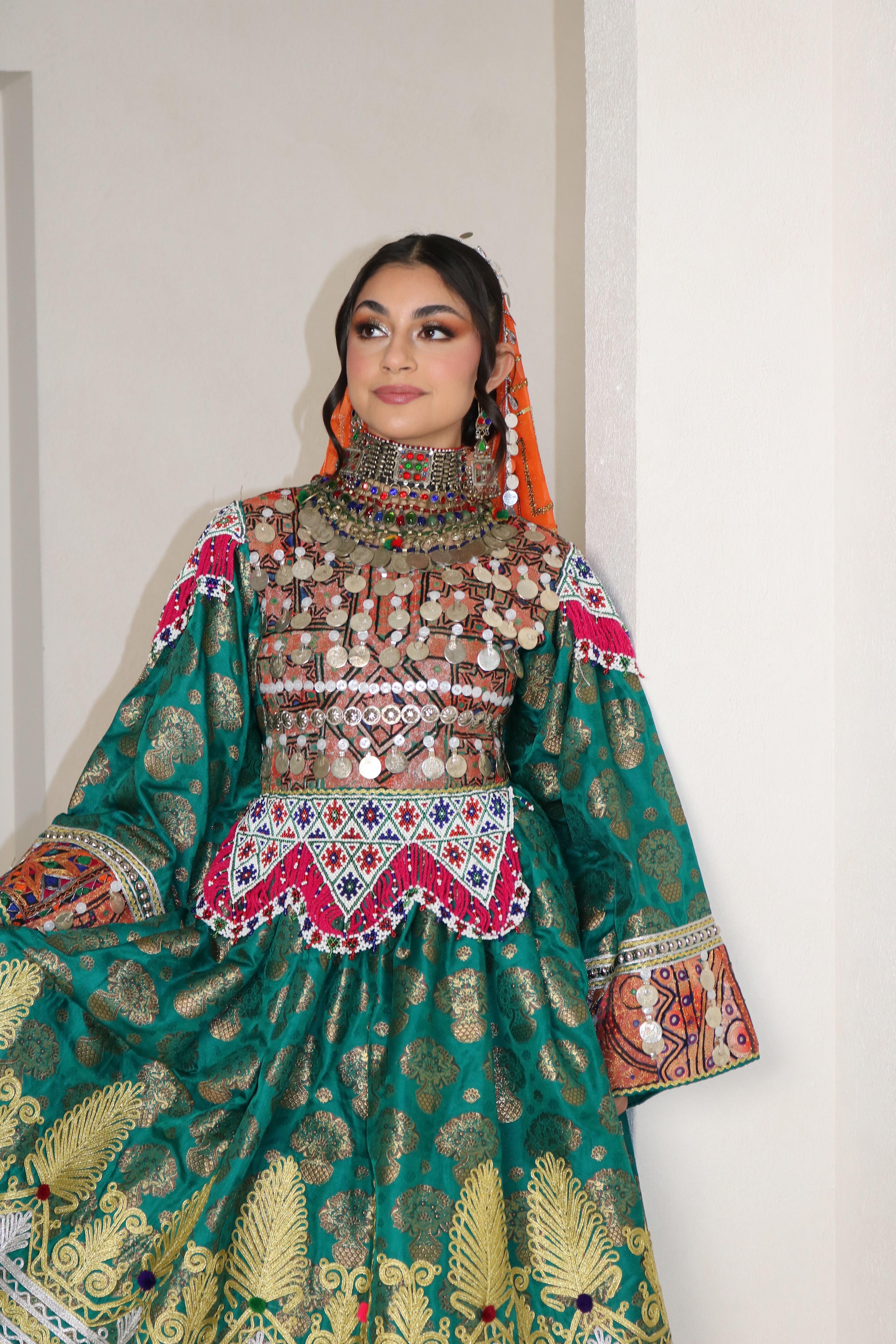 Farzana Afghan Kuchi Dress (sea green/orange)