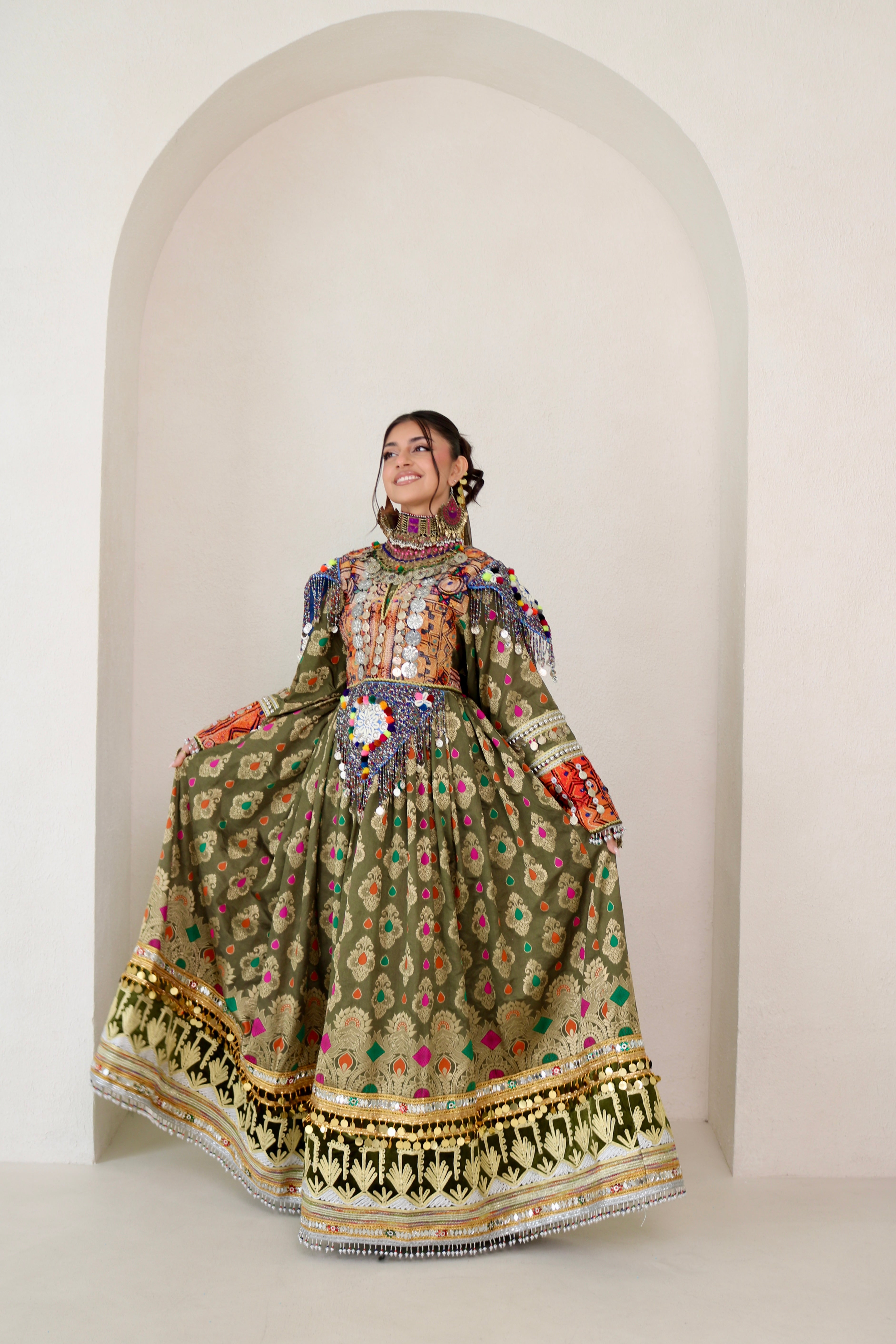 Mursal Afghan Kuchi Dress (olive green)