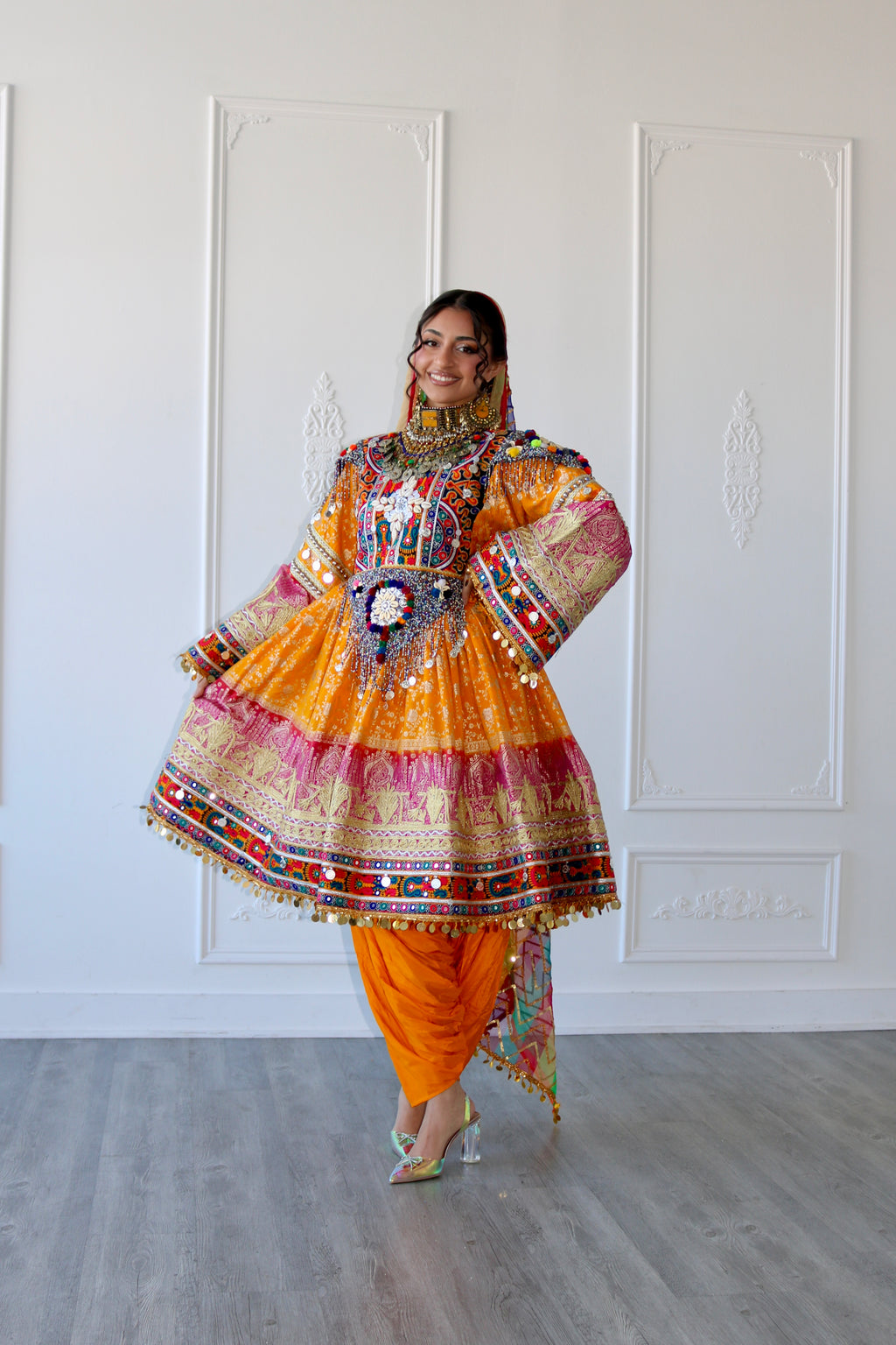 Fazila Afghan Kuchi Dress (pink/ yellow)