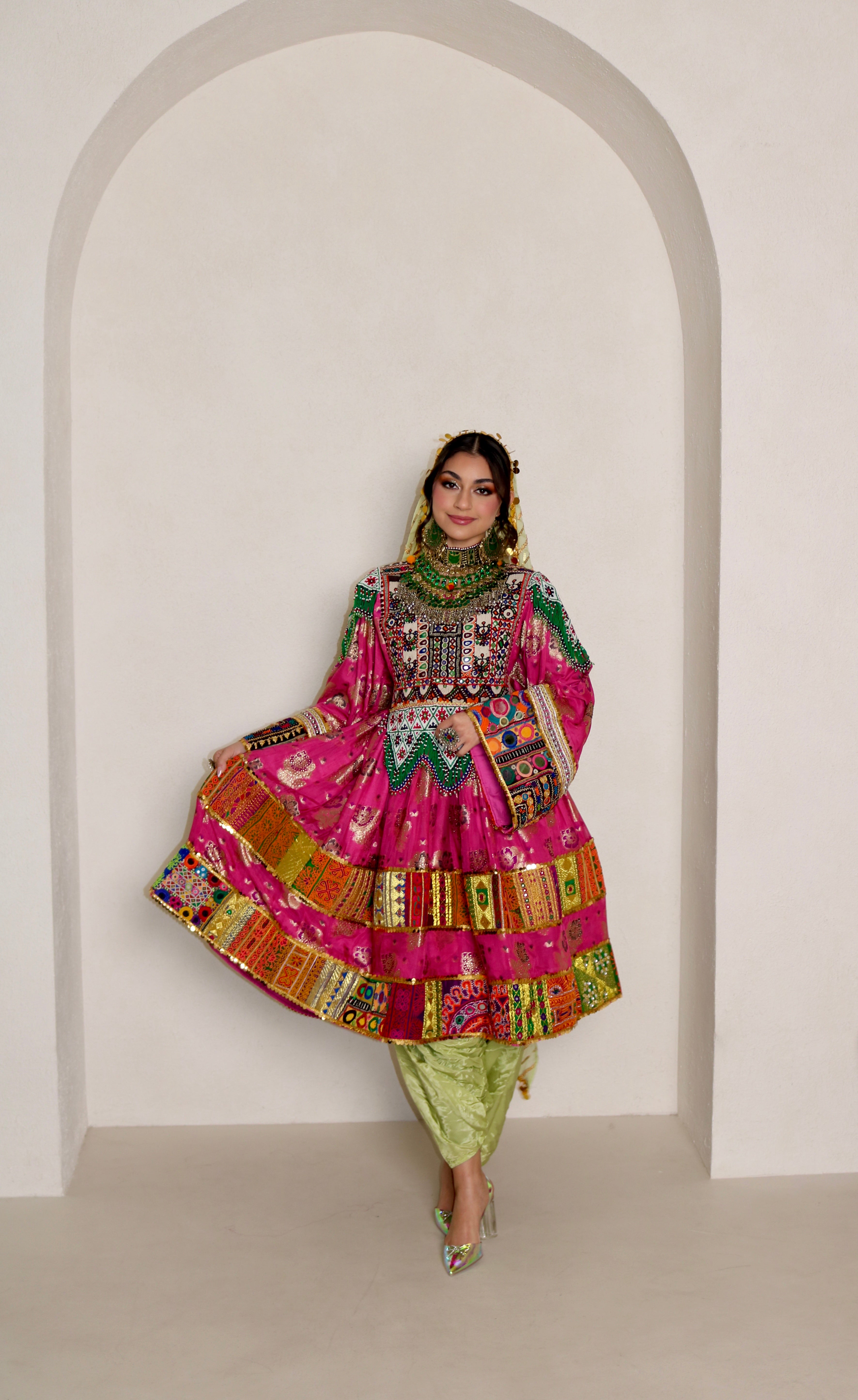 Palwasha Afghan Kuchi Dress (pink/mint green)
