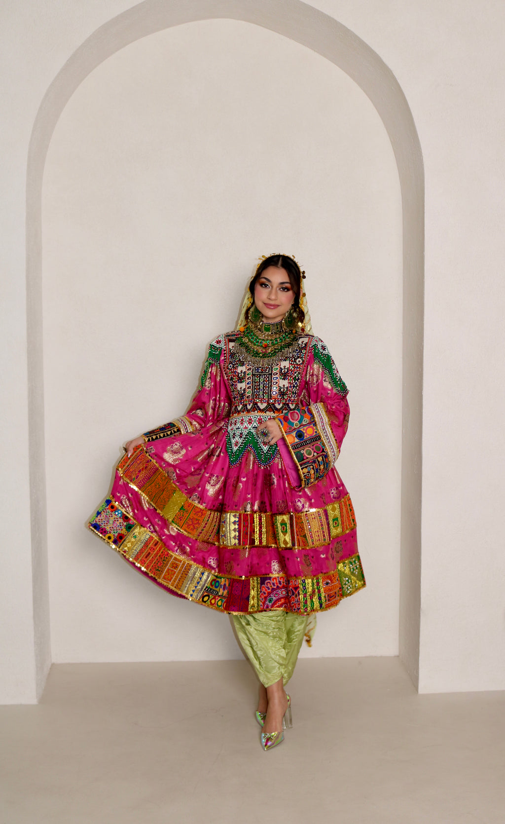 Palwasha Afghan Kuchi Dress (pink/mint green)
