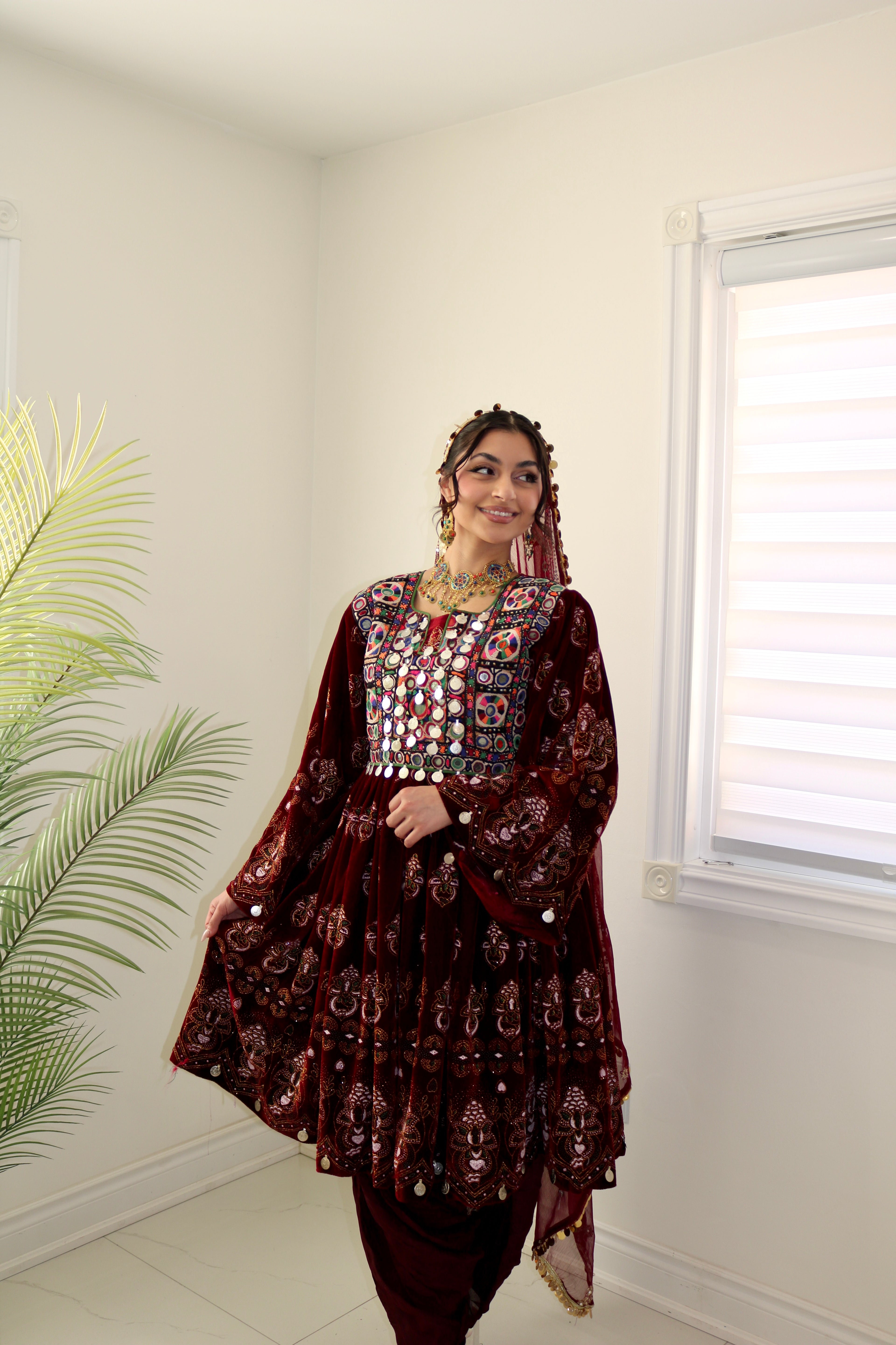 Wahida Afghan Kuchi Dress (maroon)