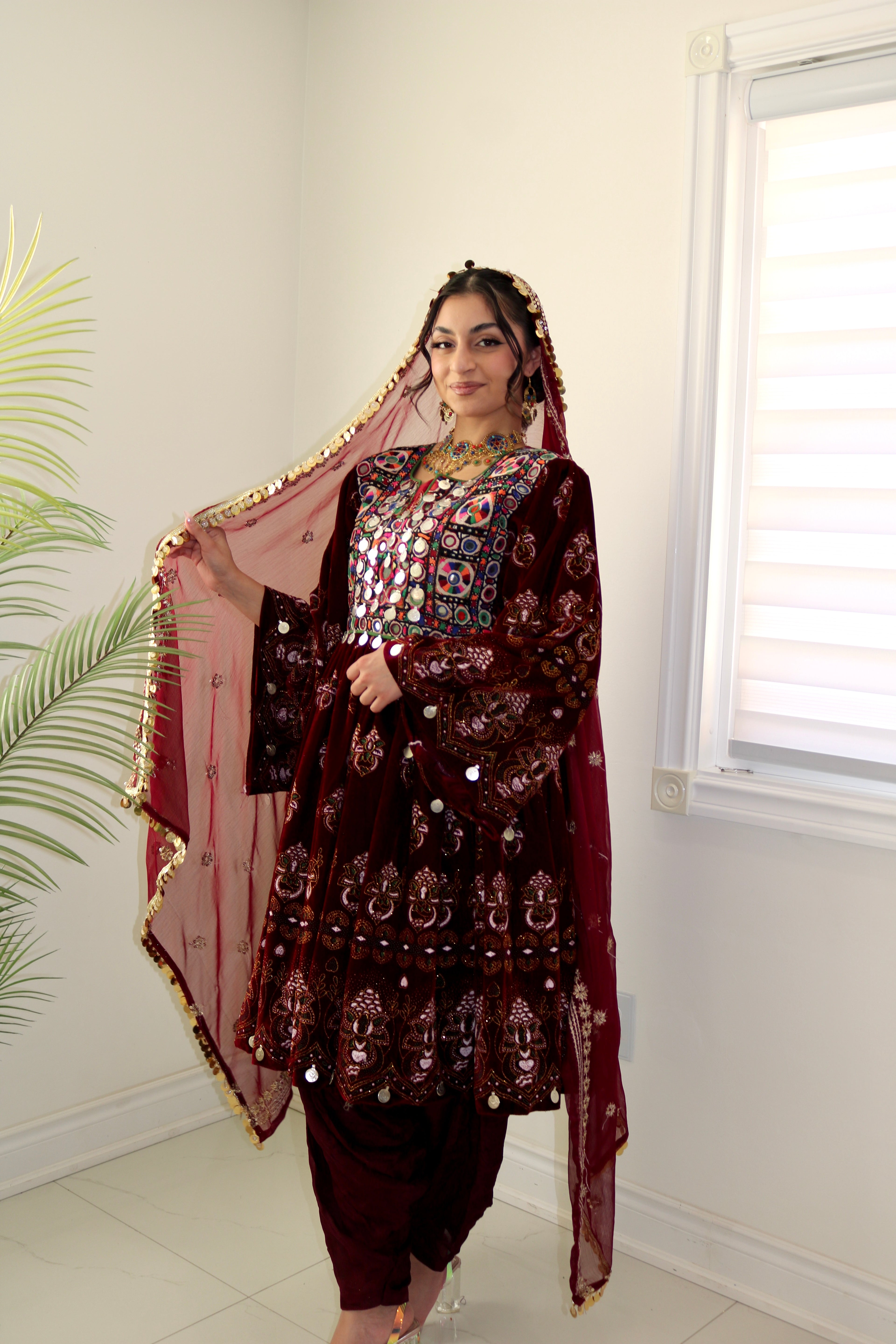 Wahida Afghan Kuchi Dress (maroon)