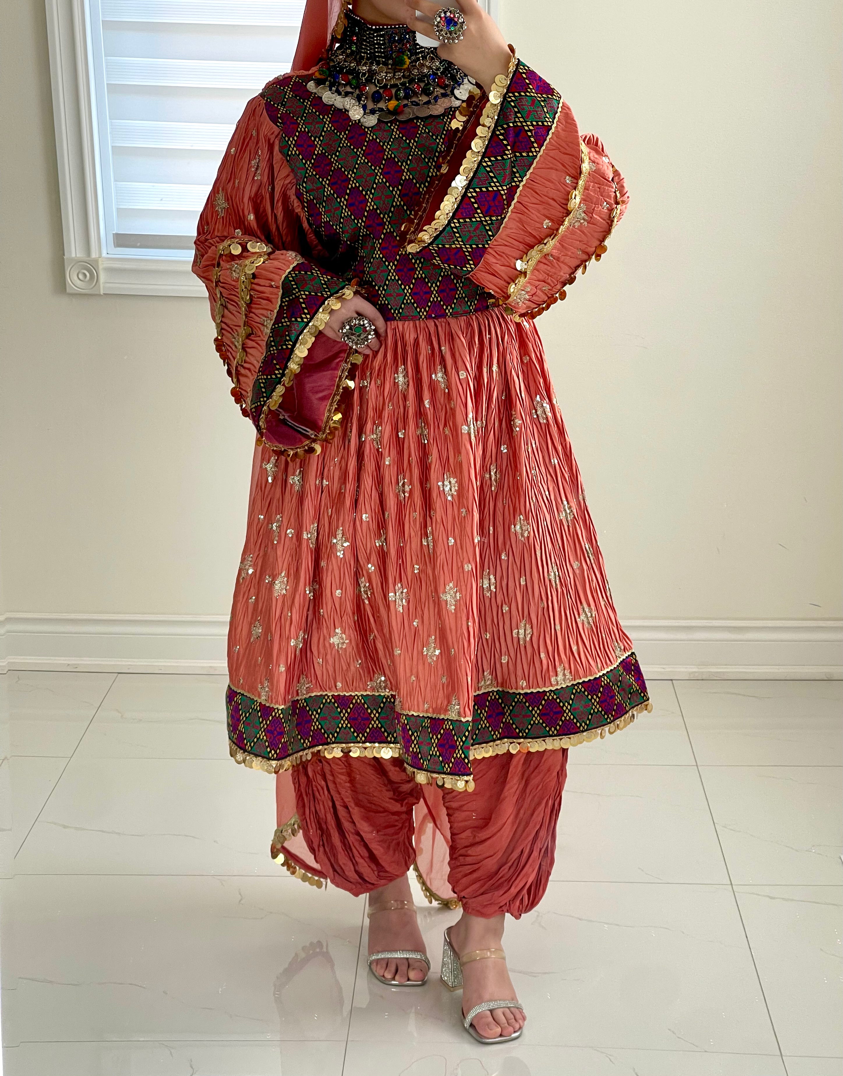 Marwa Afghan Kuchi Dress (Peach)