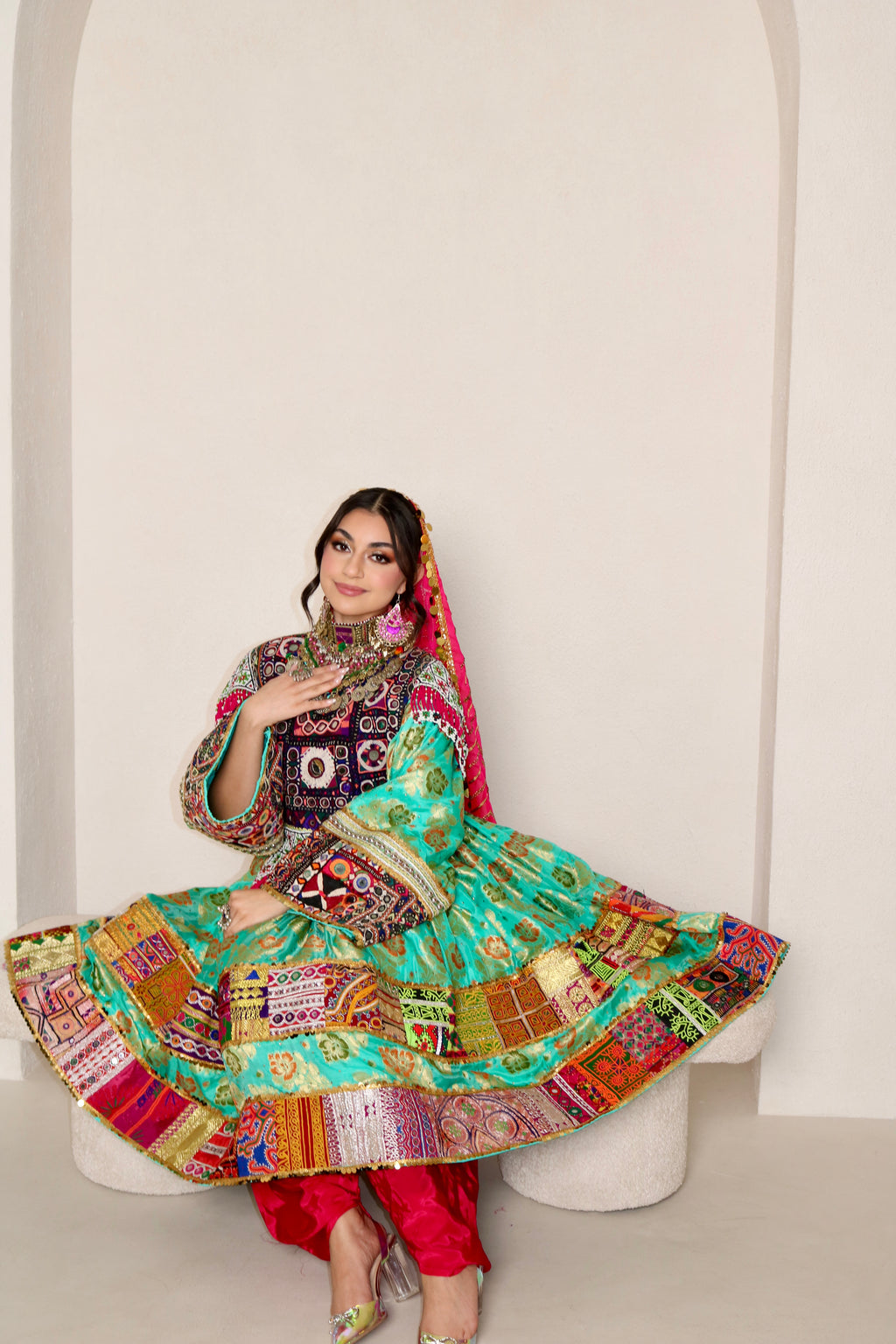 Palwasha Afghan Kuchi Dress (sea green/pink)