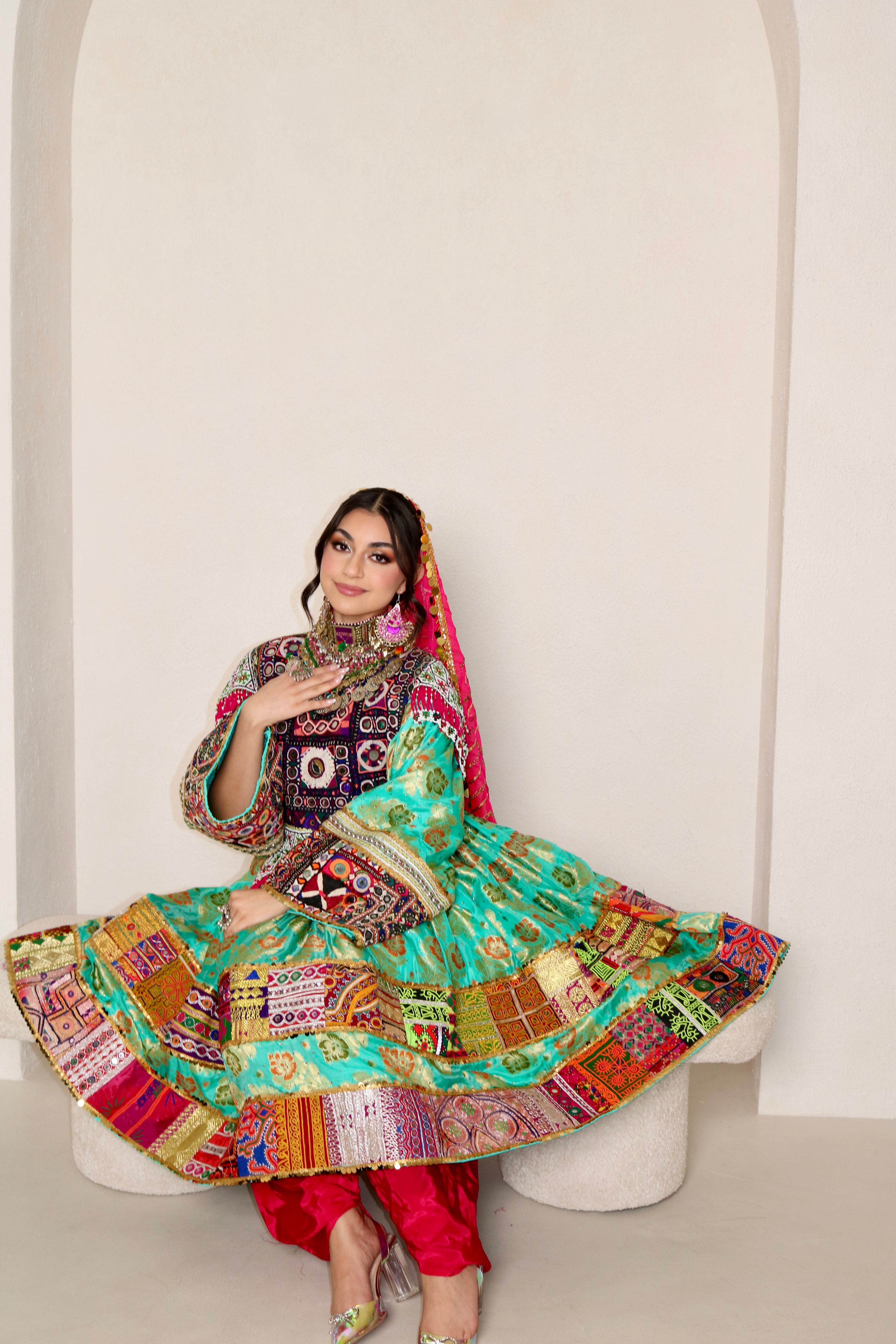 Palwasha Afghan Kuchi Dress (sea green/pink)