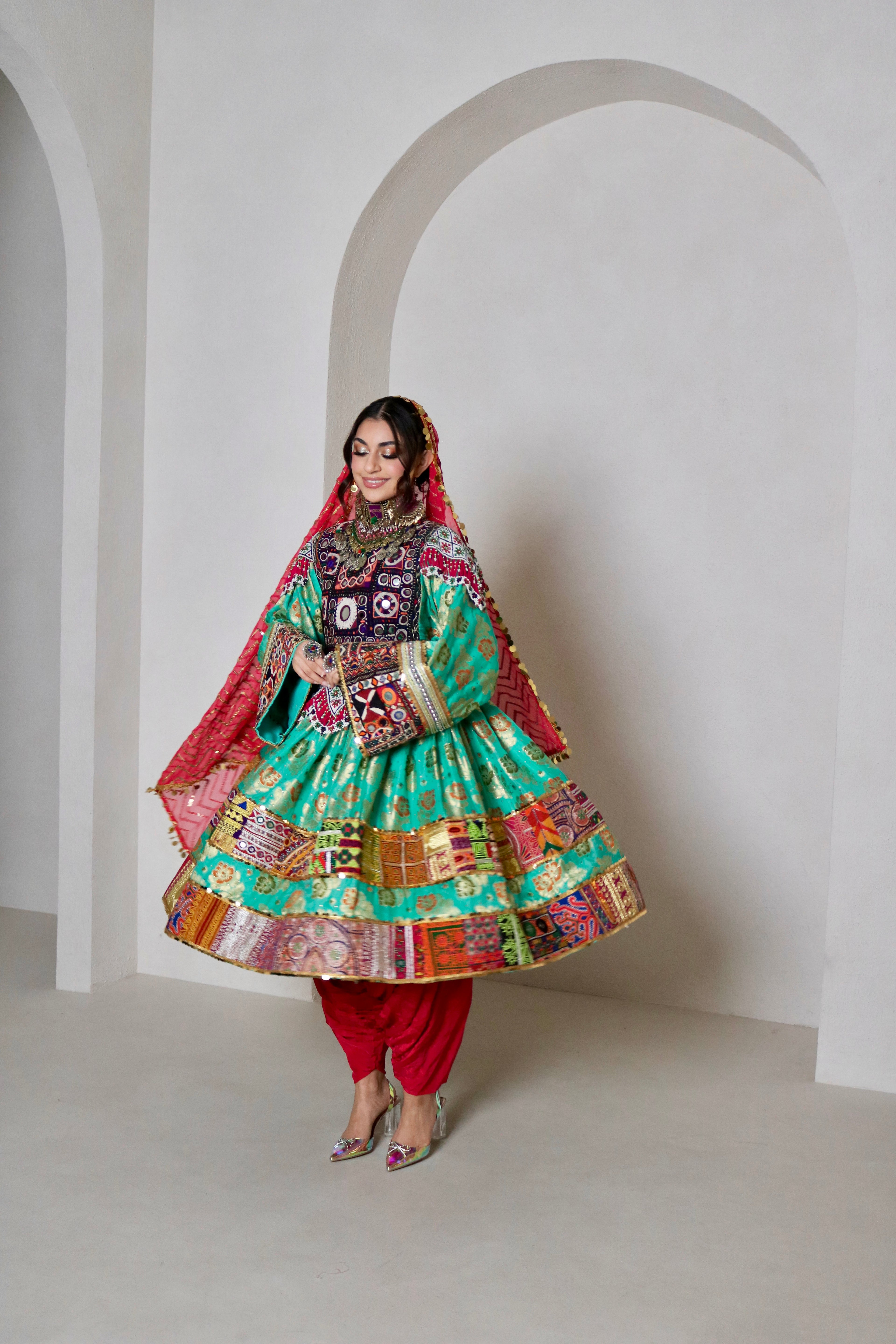 Palwasha Afghan Kuchi Dress (sea green/pink)