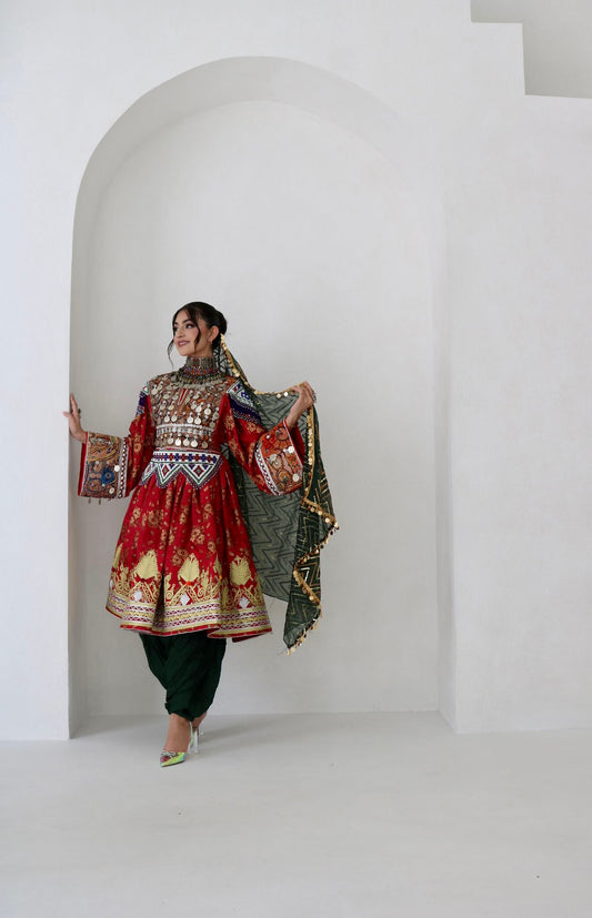 Farzana Afghan Kuchi Dress (red)
