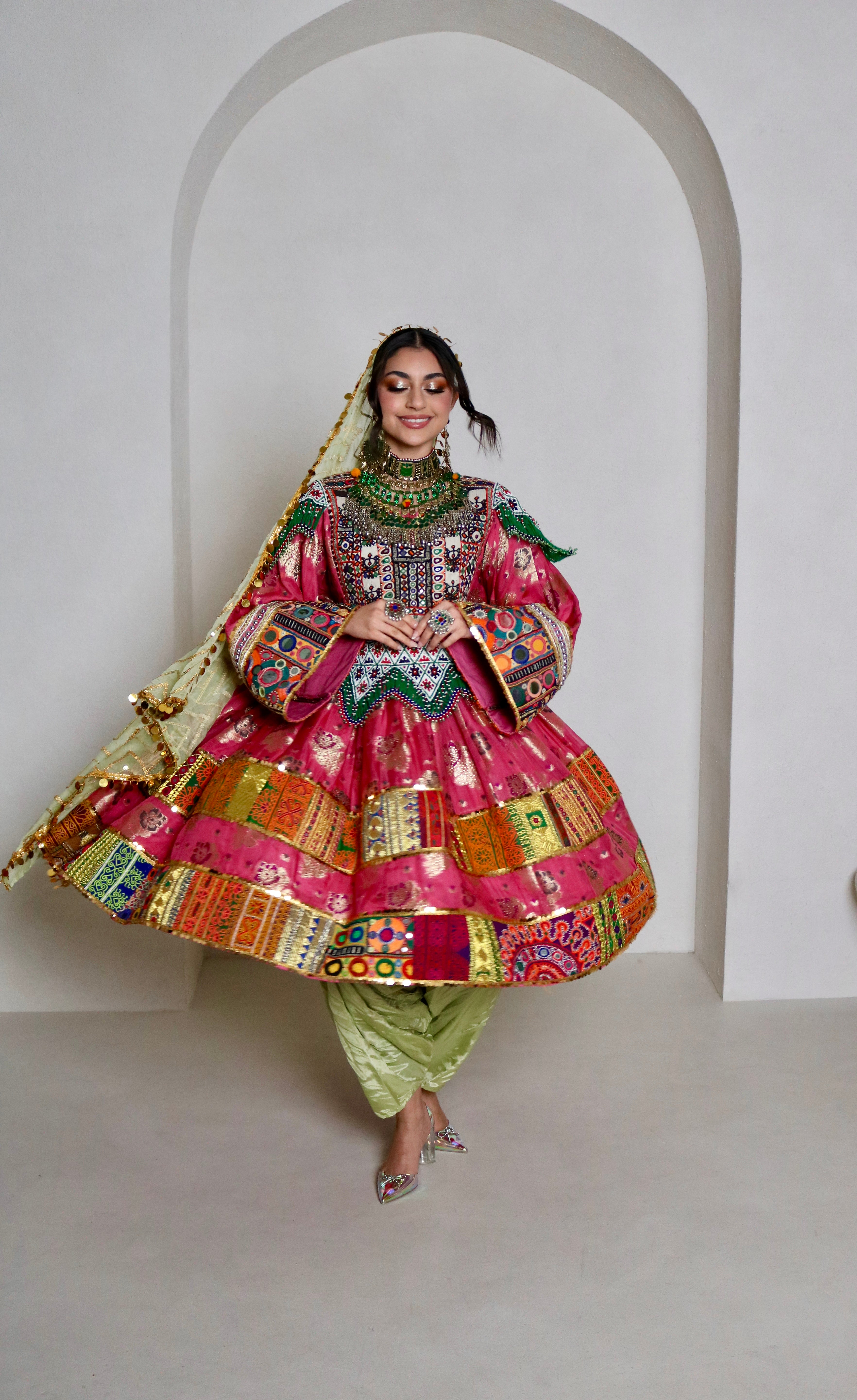 Palwasha Afghan Kuchi Dress (pink/mint green)