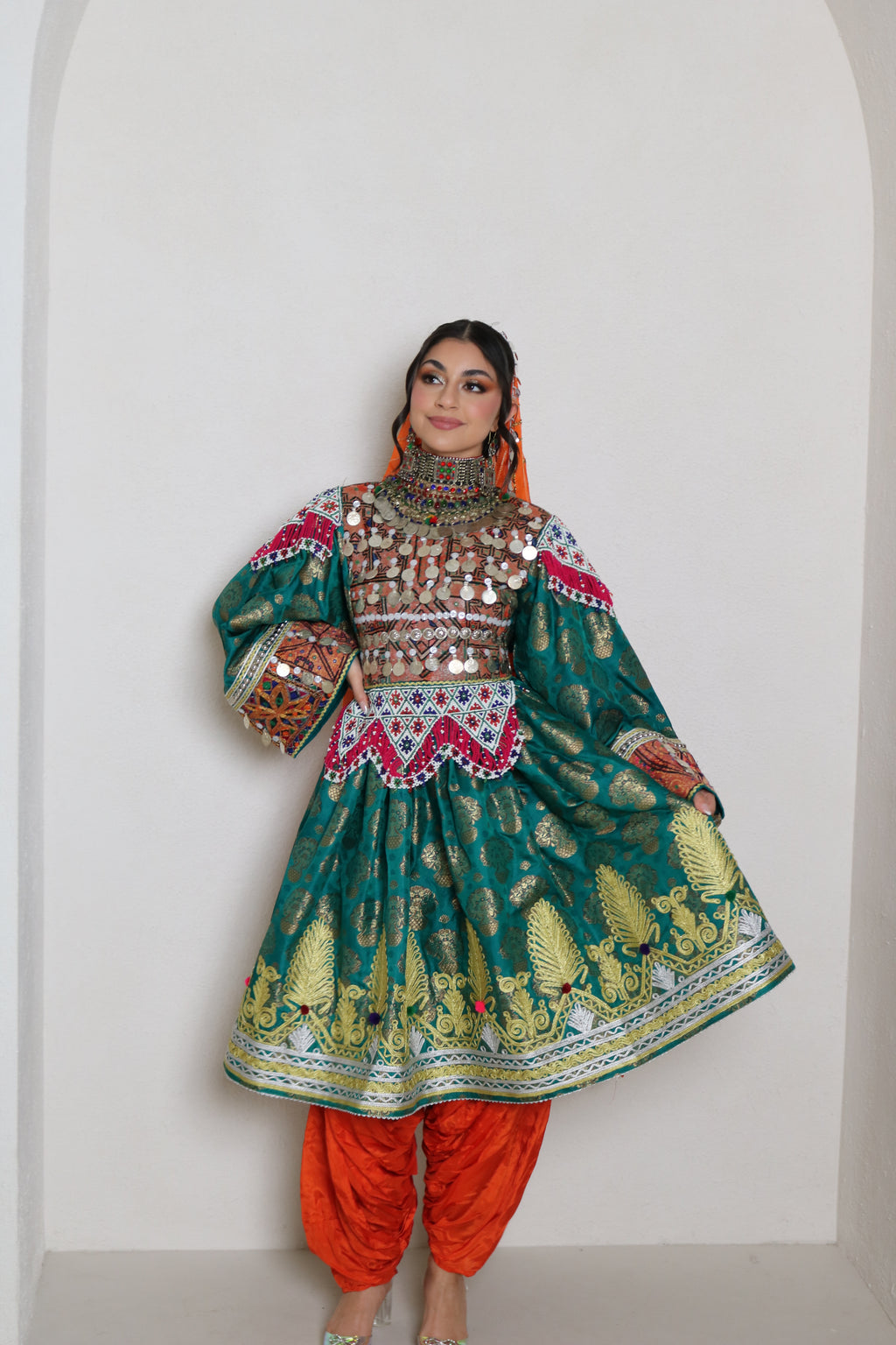 Farzana Afghan Kuchi Dress (sea green/orange)