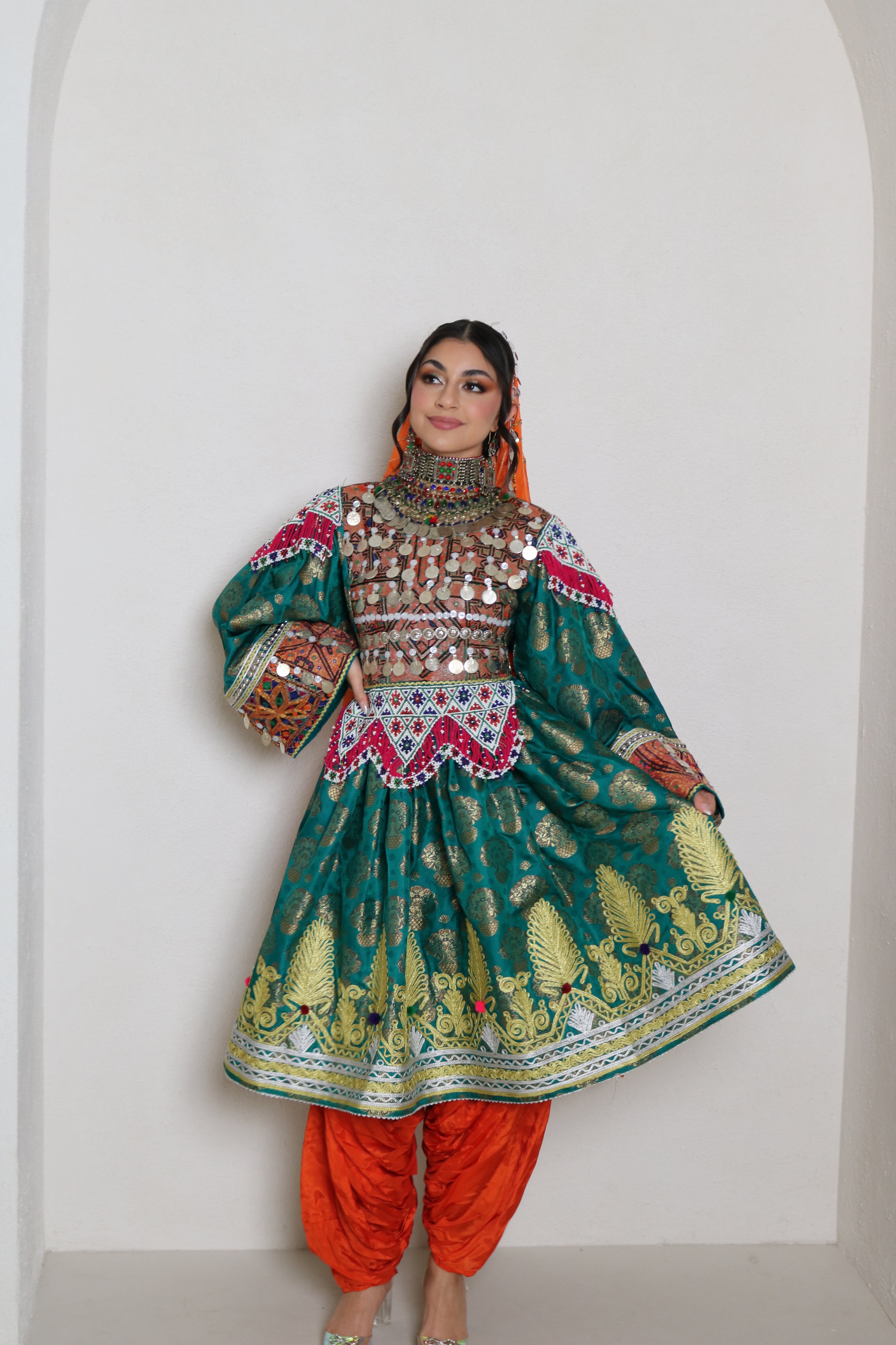 Farzana Afghan Kuchi Dress (sea green/orange)