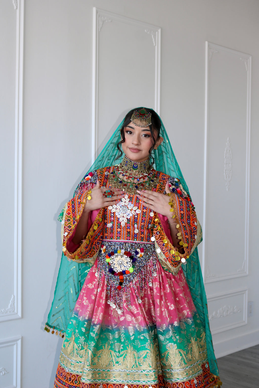 Afghan Kuchi Dress (pink/ sea green)