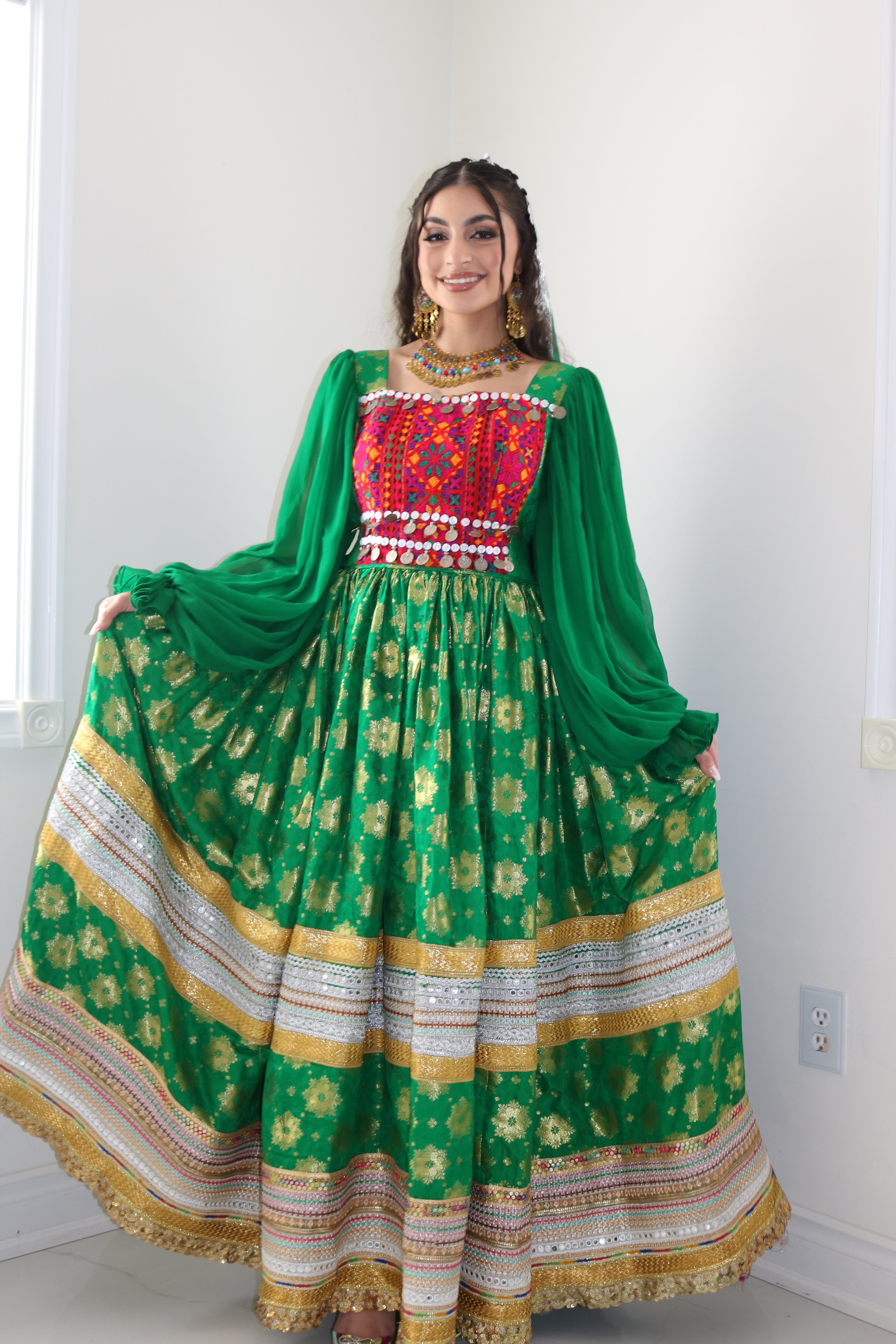 Nelofar Afghan Kuchi Dress- green