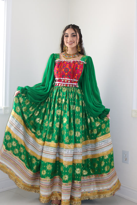 Nelofar Afghan Kuchi Dress- green