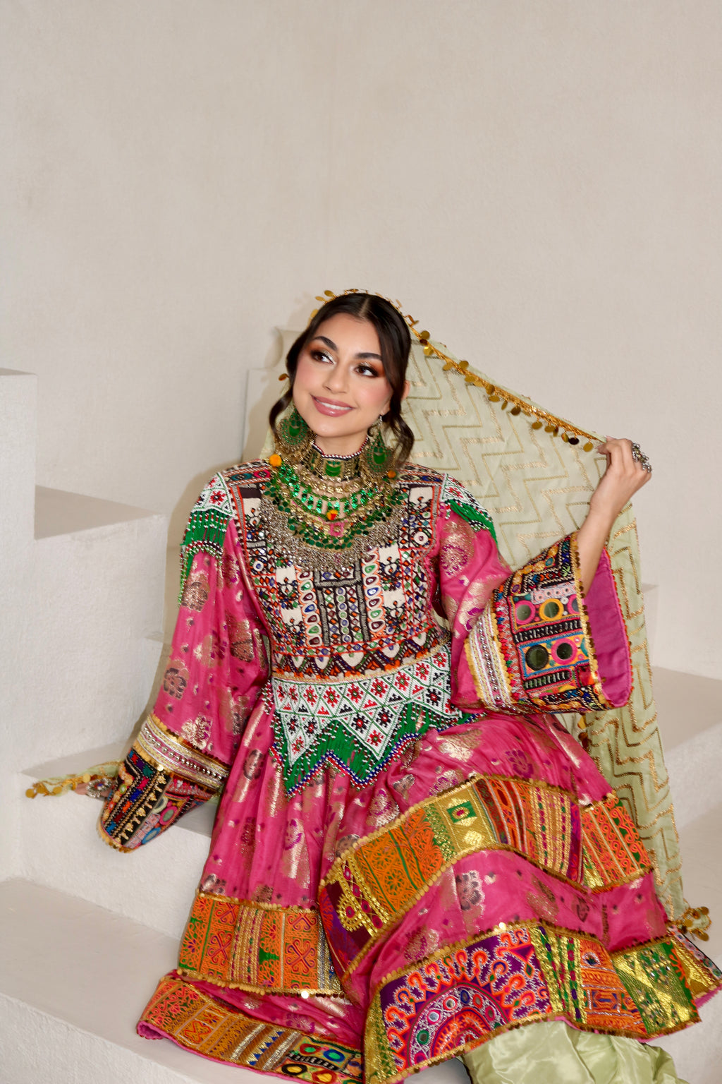 Palwasha Afghan Kuchi Dress (pink/mint green)