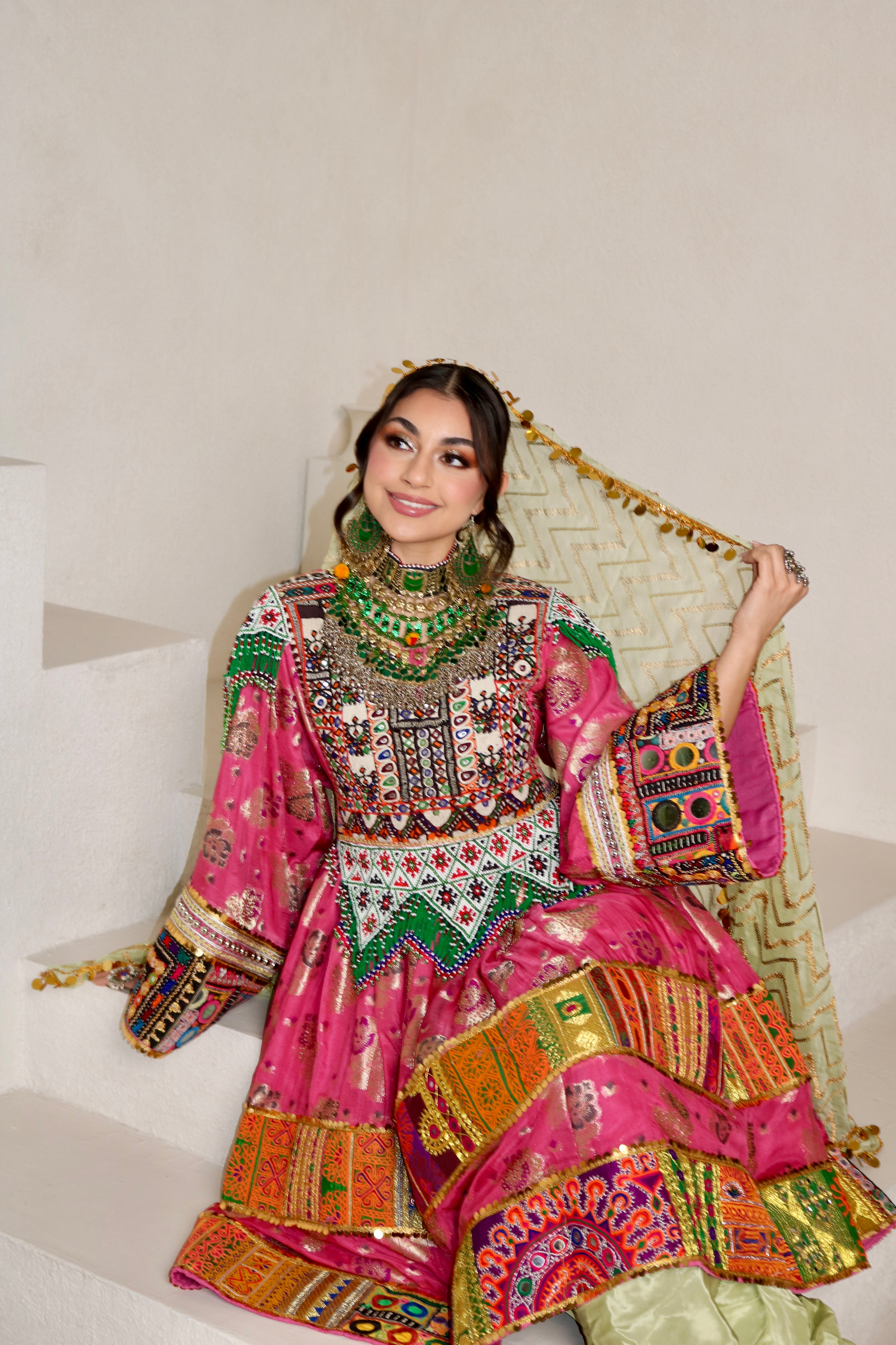 Palwasha Afghan Kuchi Dress (pink/mint green)