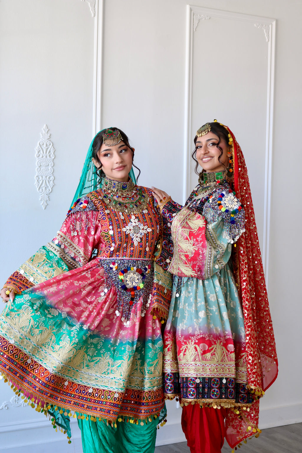 Afghan Kuchi Dress (pink/ sea green)