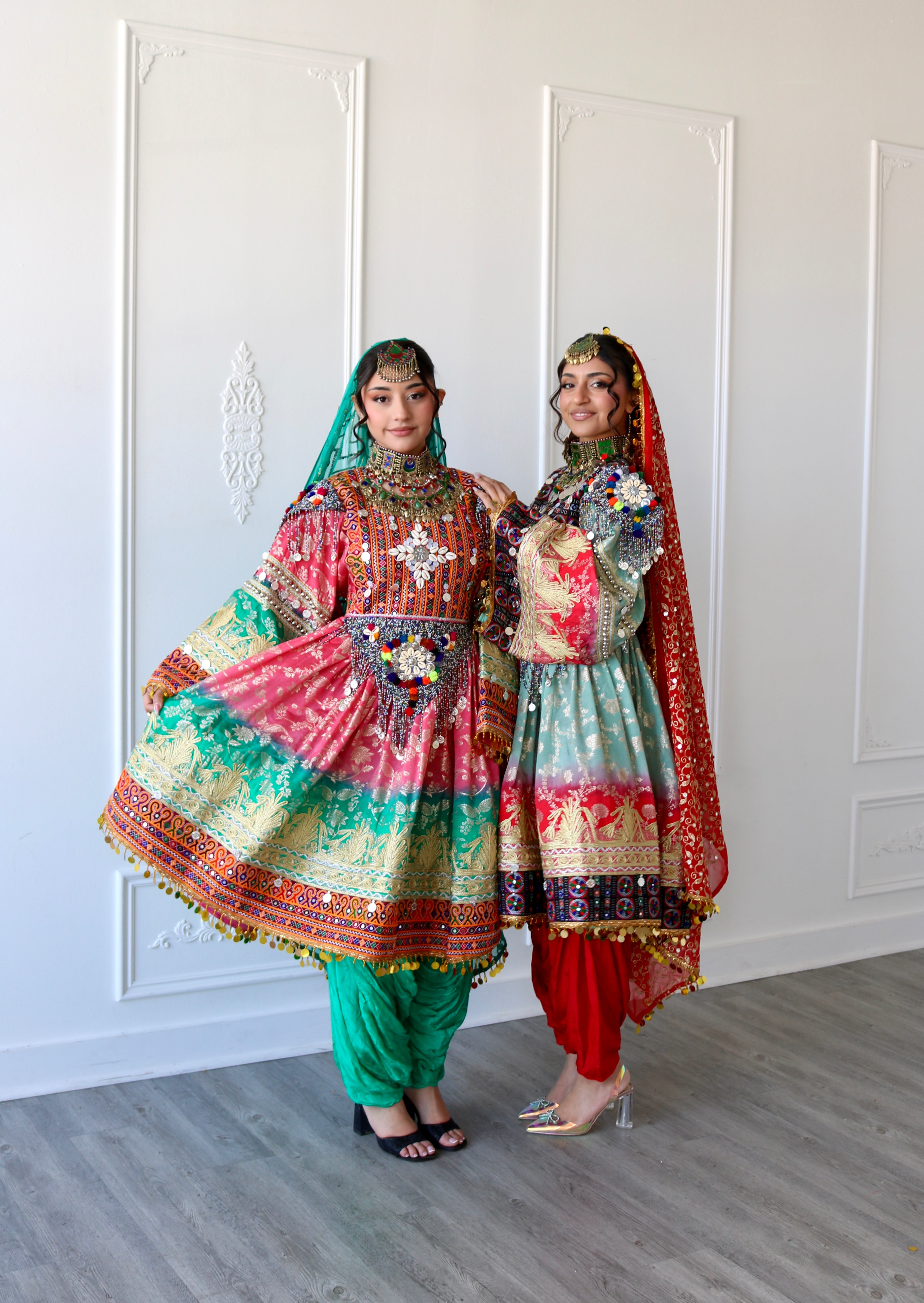 Afghan Kuchi Dress (pink/ sea green)