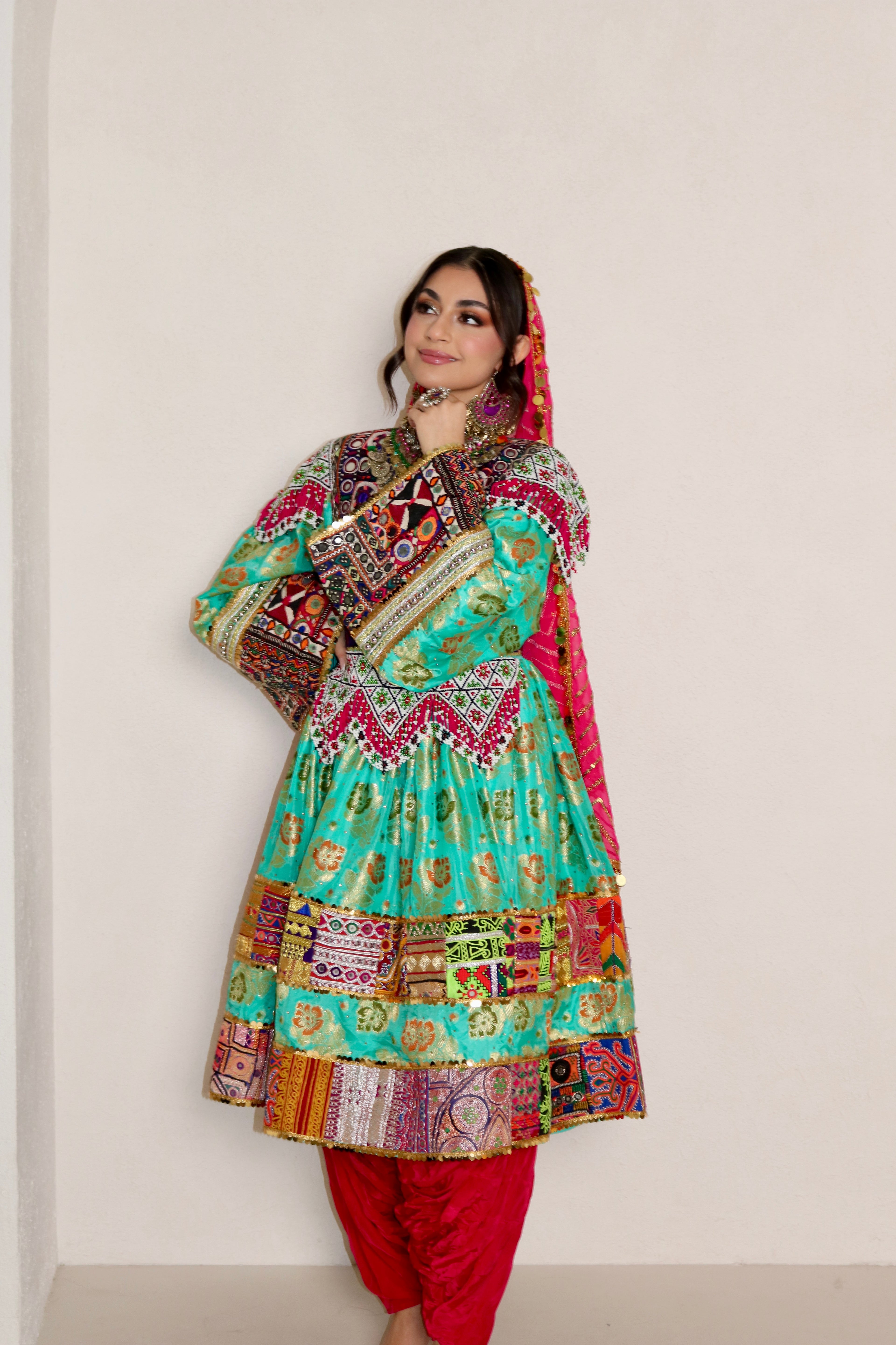 Palwasha Afghan Kuchi Dress (sea green/pink)