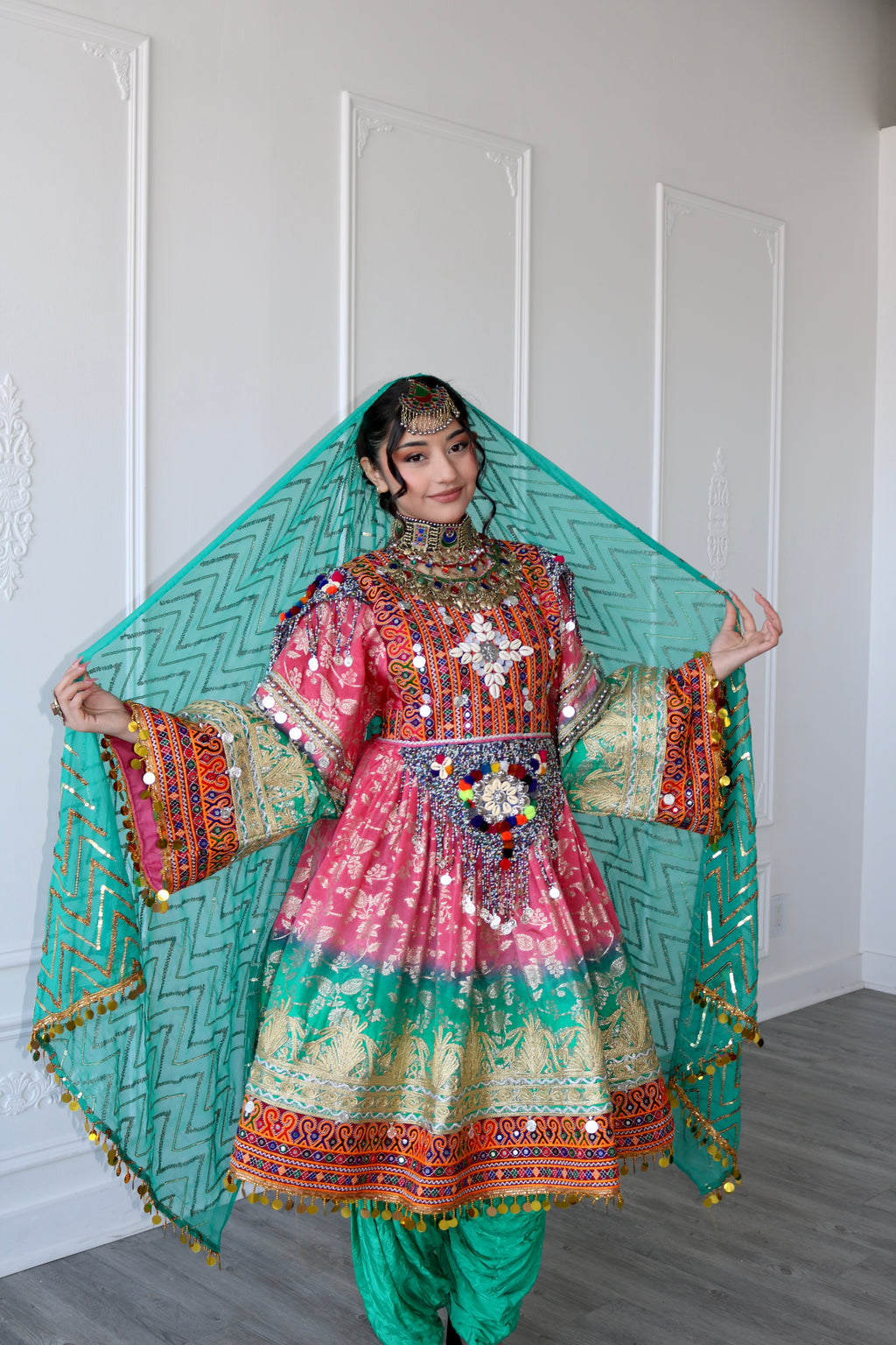 Afghan Kuchi Dress (pink/ sea green)