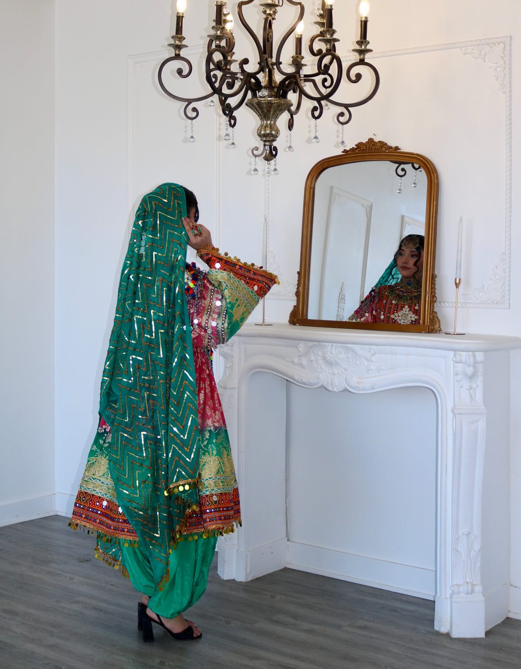 Afghan Kuchi Dress (pink/ sea green)