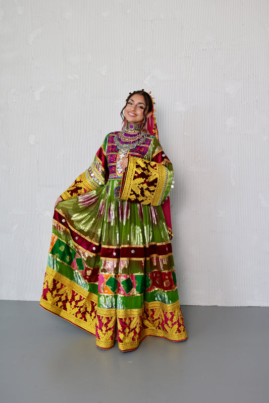 Layma Afghan Kuchi Dress(green/maroon)