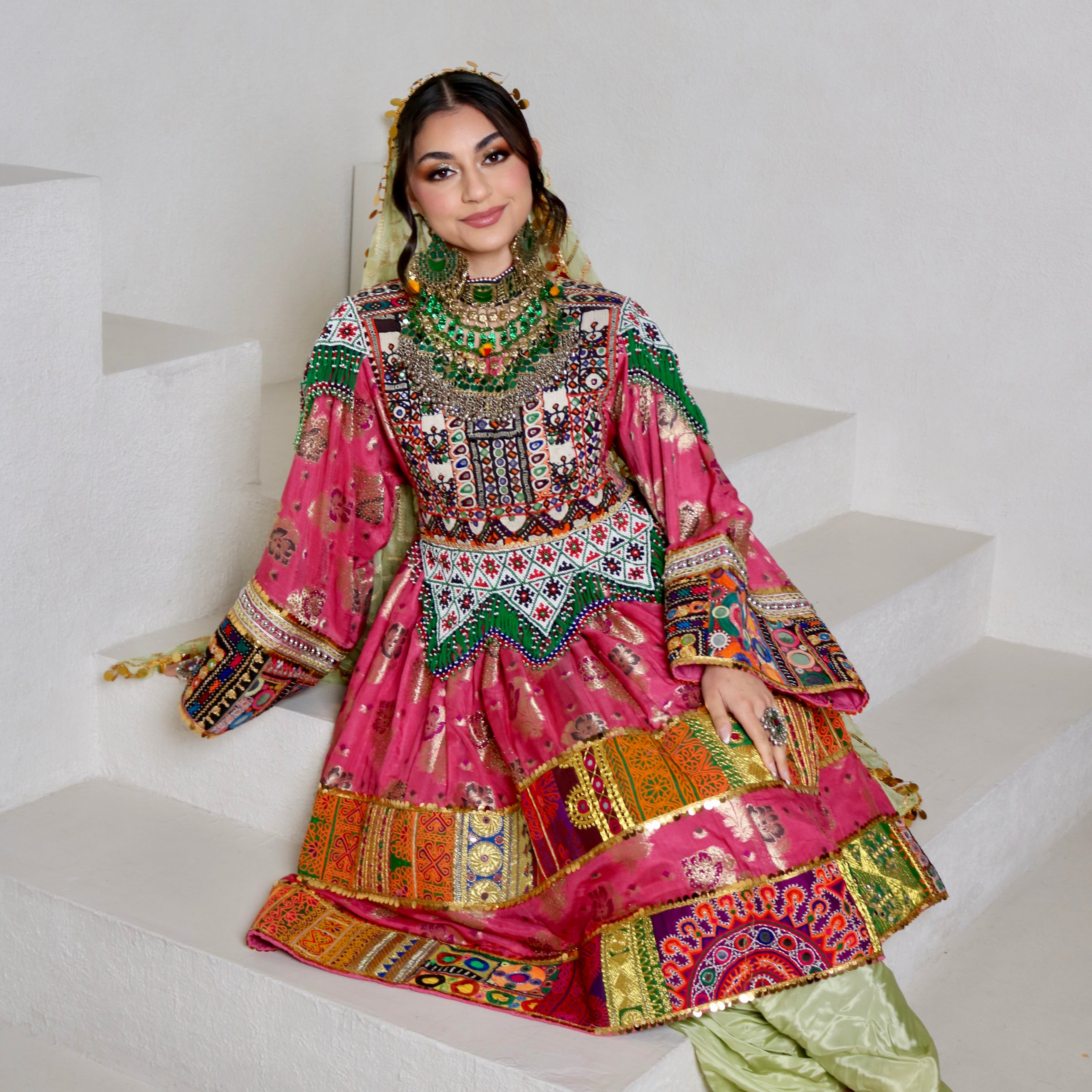 Palwasha Afghan Kuchi Dress (pink/mint green)