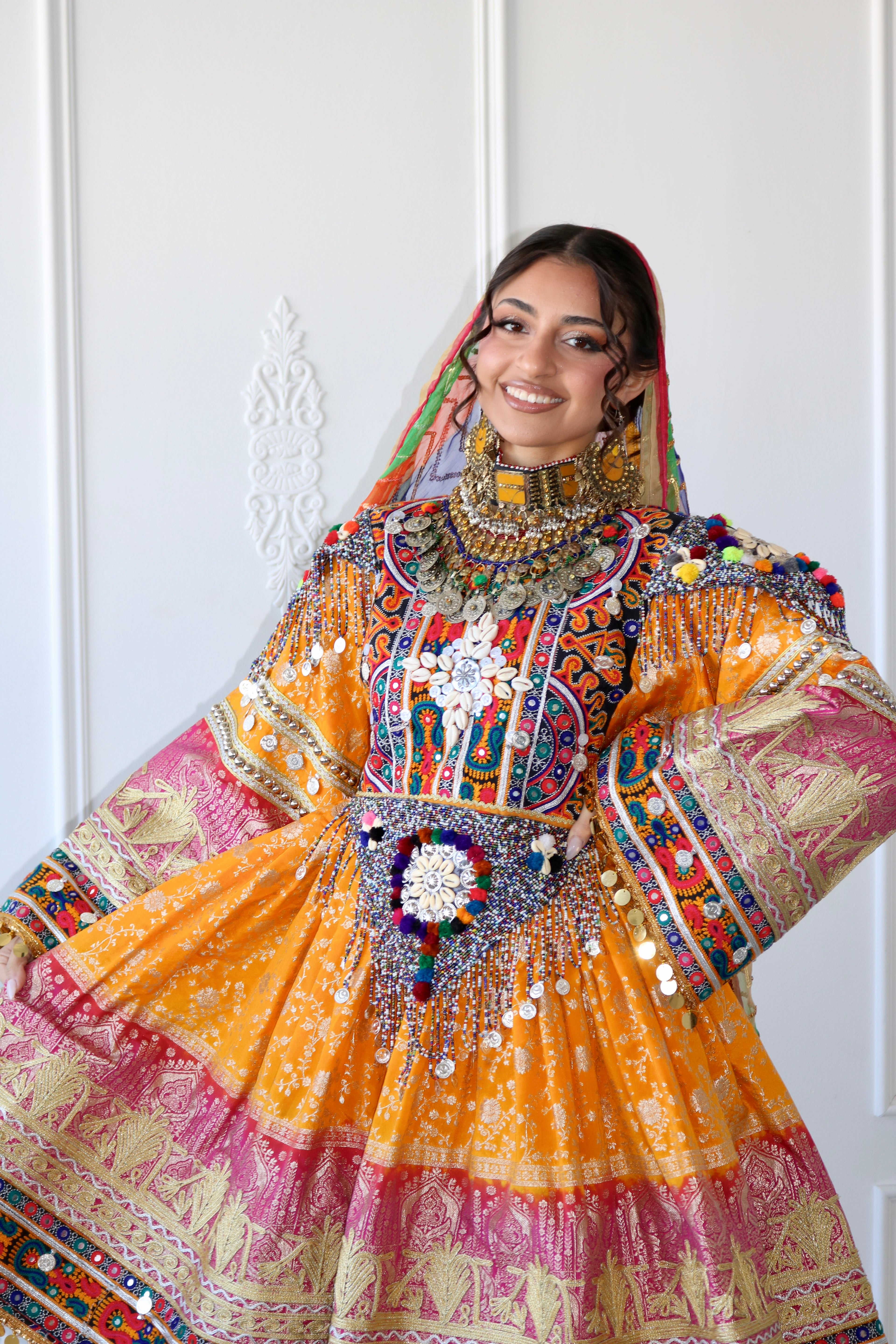 Fazila Afghan Kuchi Dress (pink/ yellow)