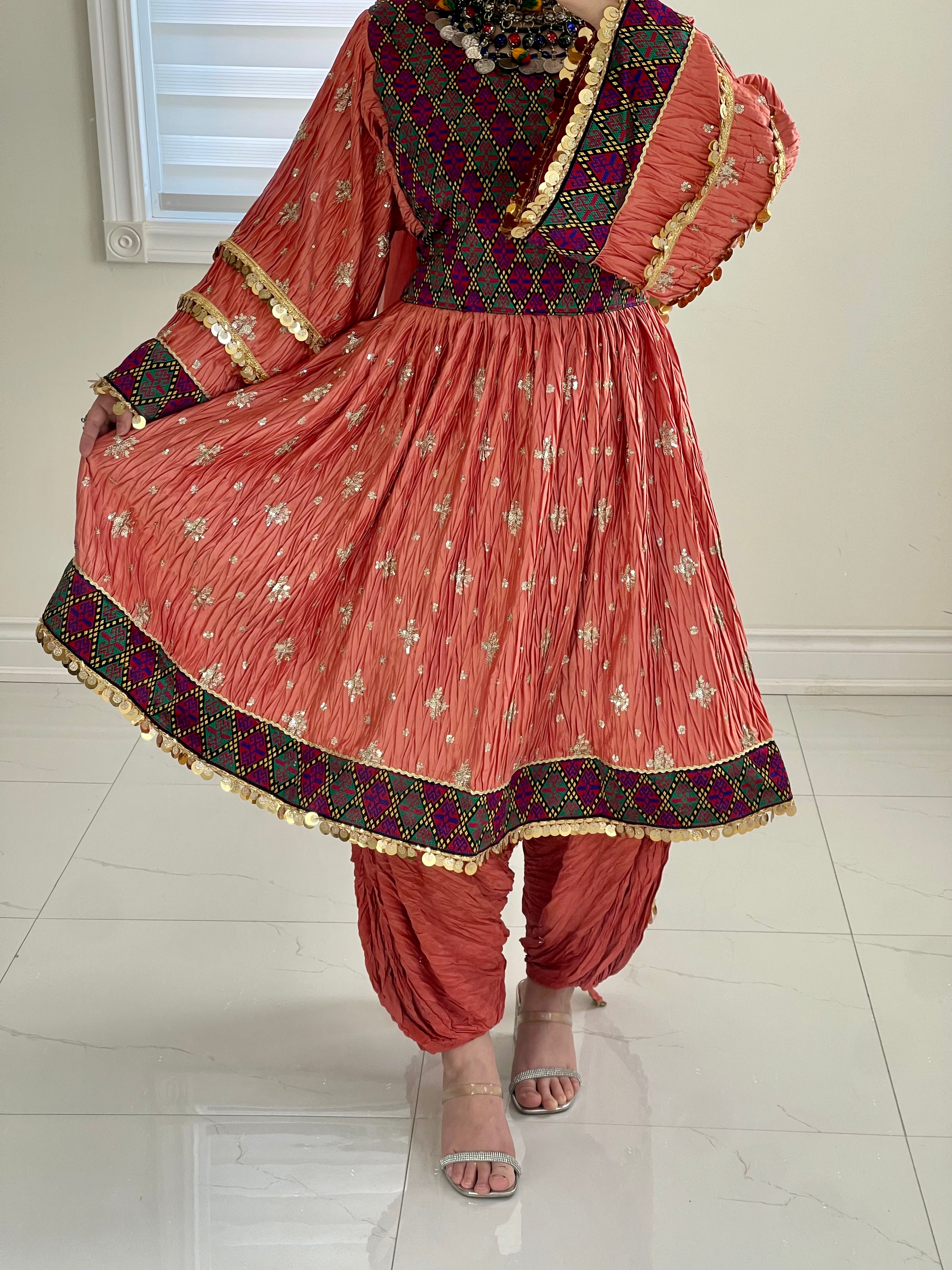 Marwa Afghan Kuchi Dress (Peach)