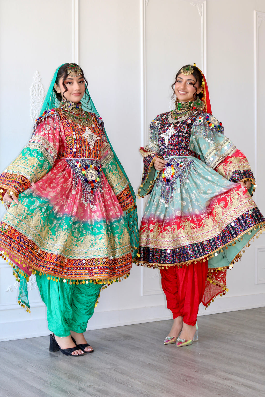 Afghan Kuchi Dress (pink/ sea green)