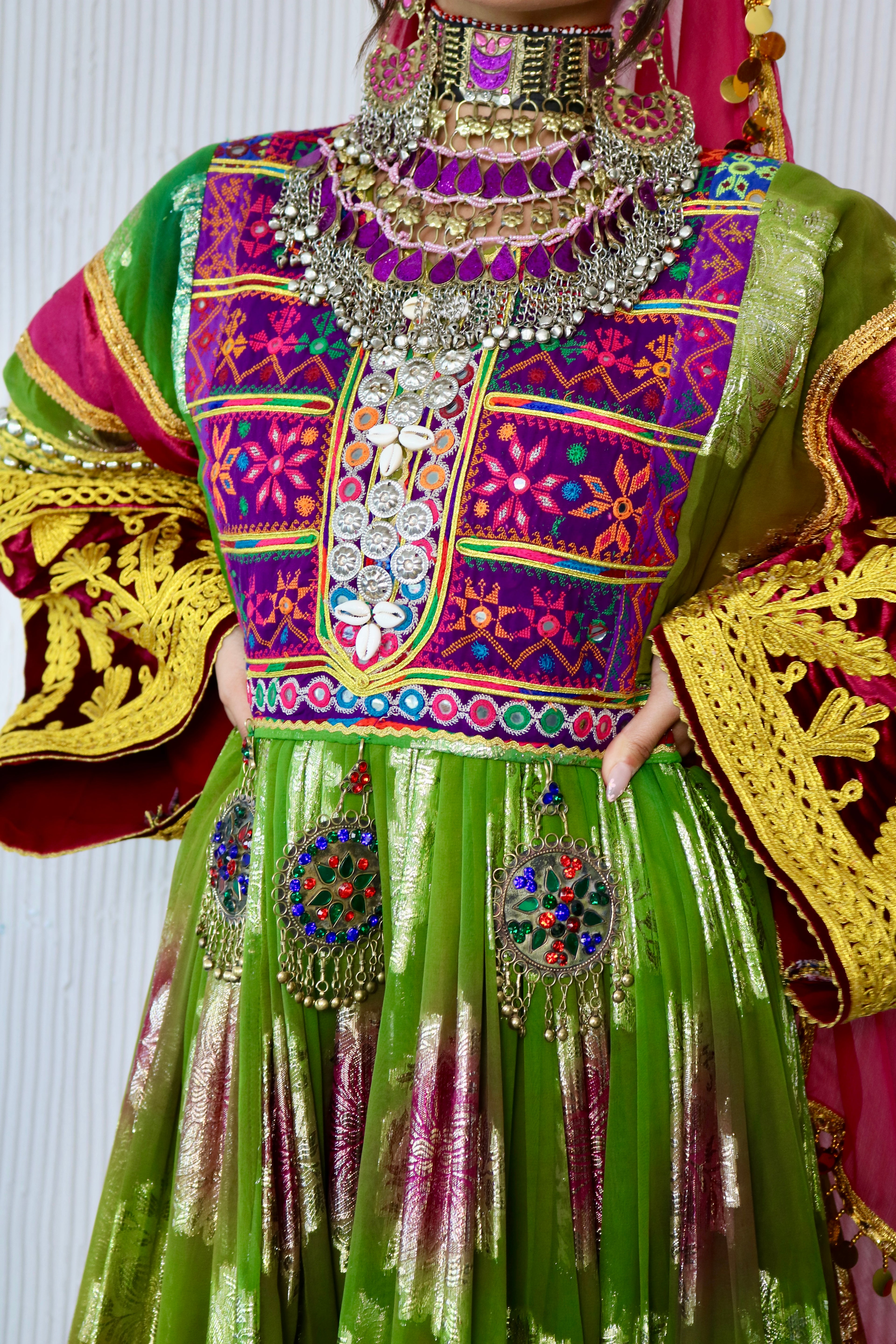 Layma Afghan Kuchi Dress(green/maroon)