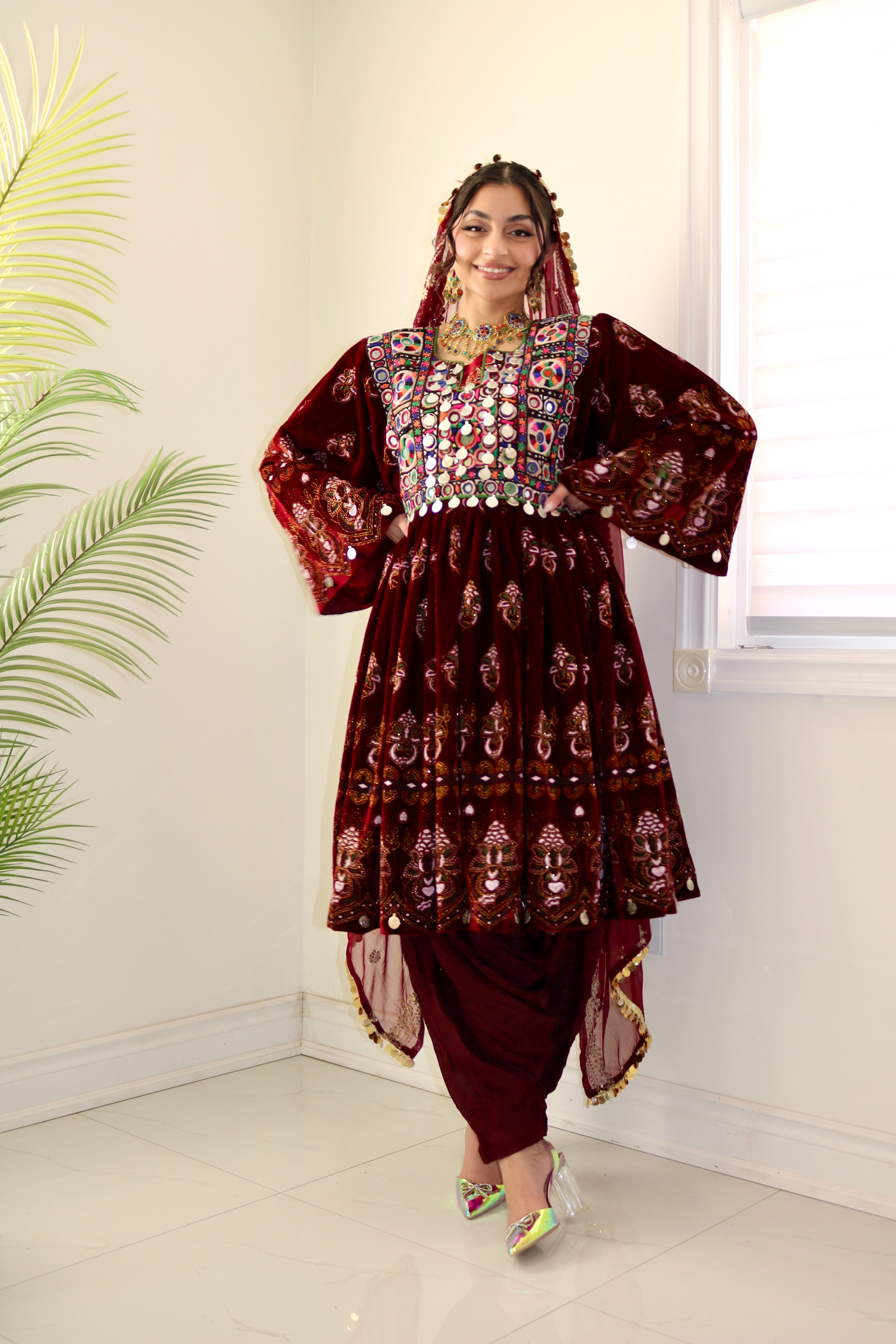 Wahida Afghan Kuchi Dress (maroon)
