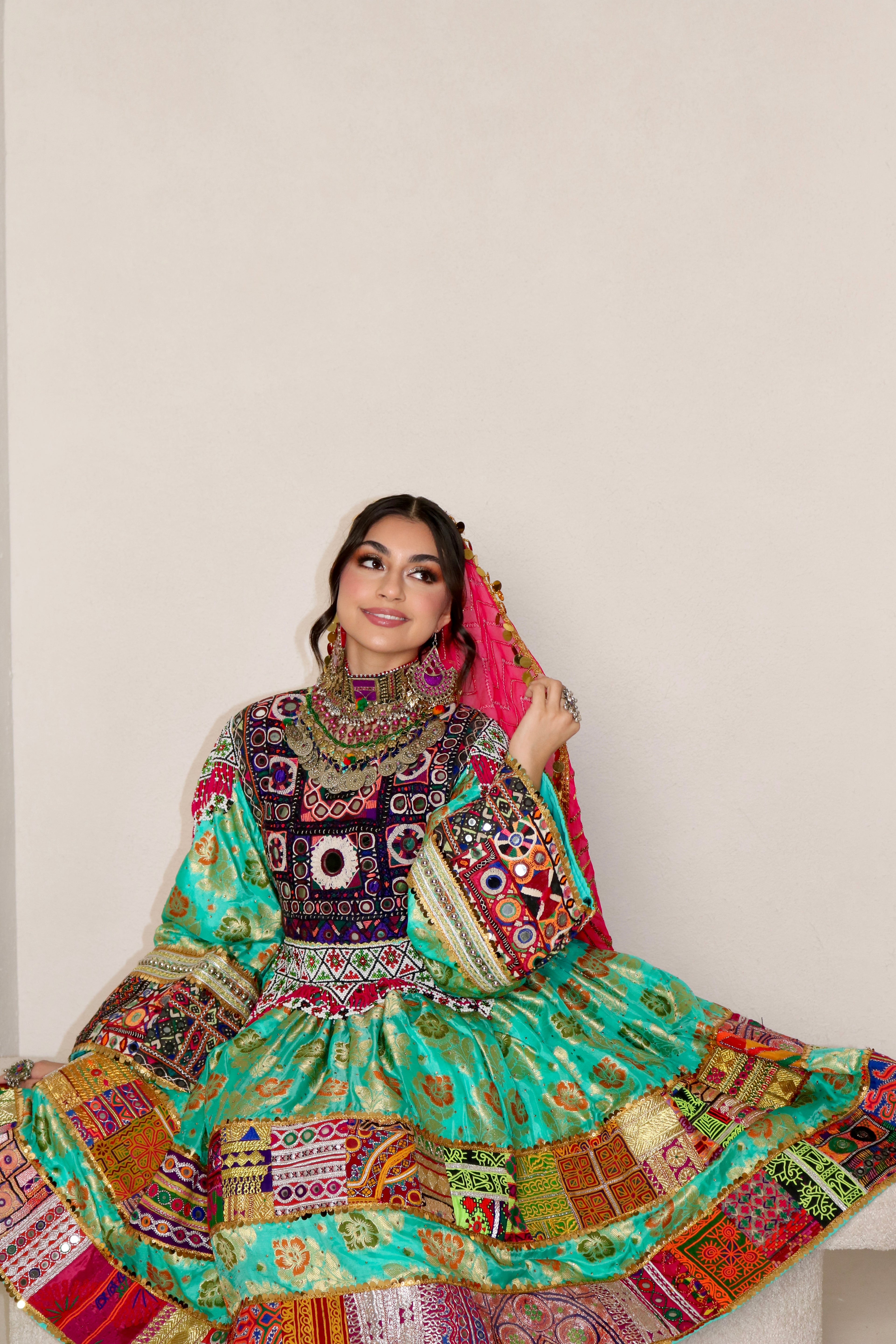 Palwasha Afghan Kuchi Dress (sea green/pink)