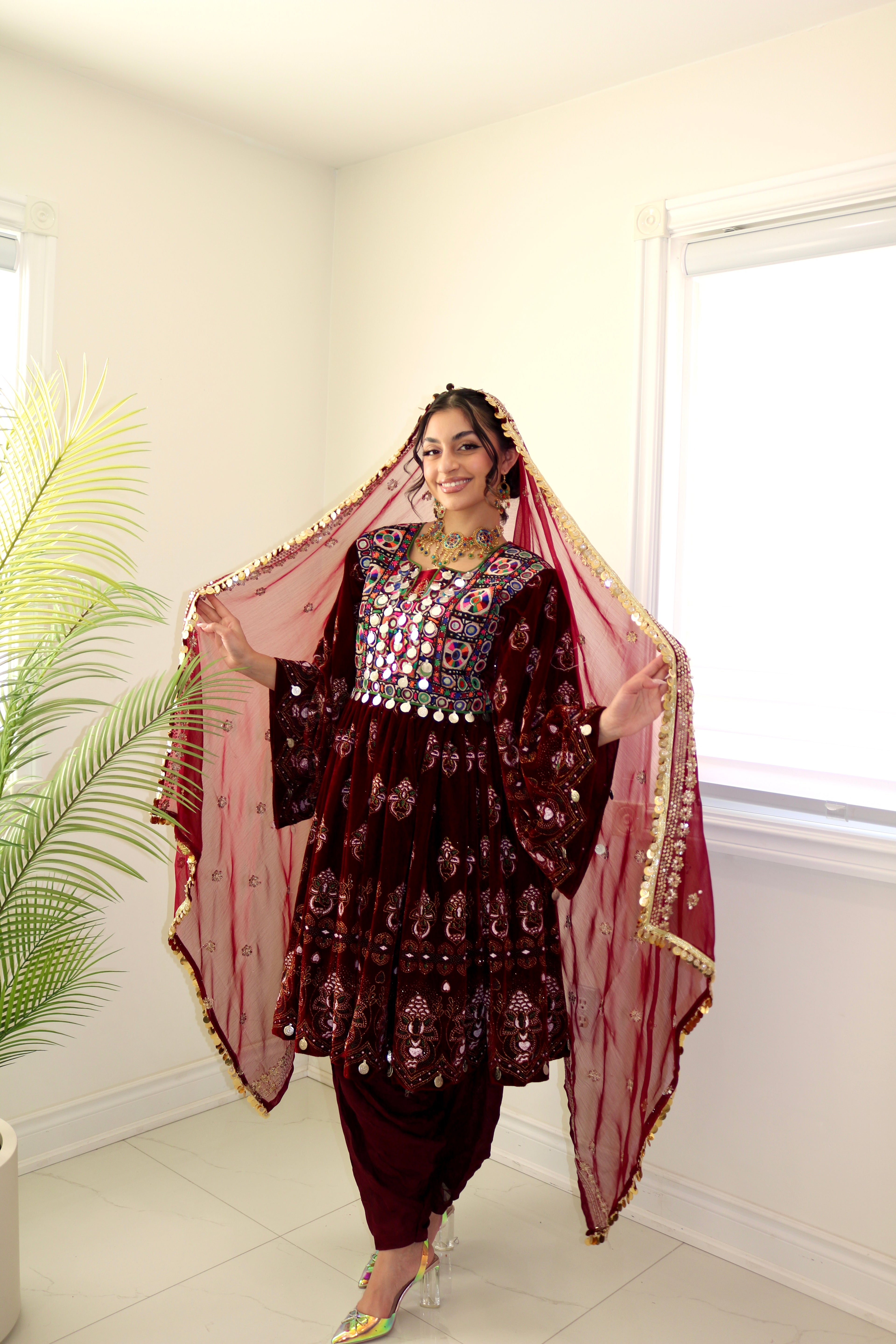 Wahida Afghan Kuchi Dress (maroon)