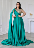 Green A Line One Shoulder Long Sleeve Satin Evening Gowns