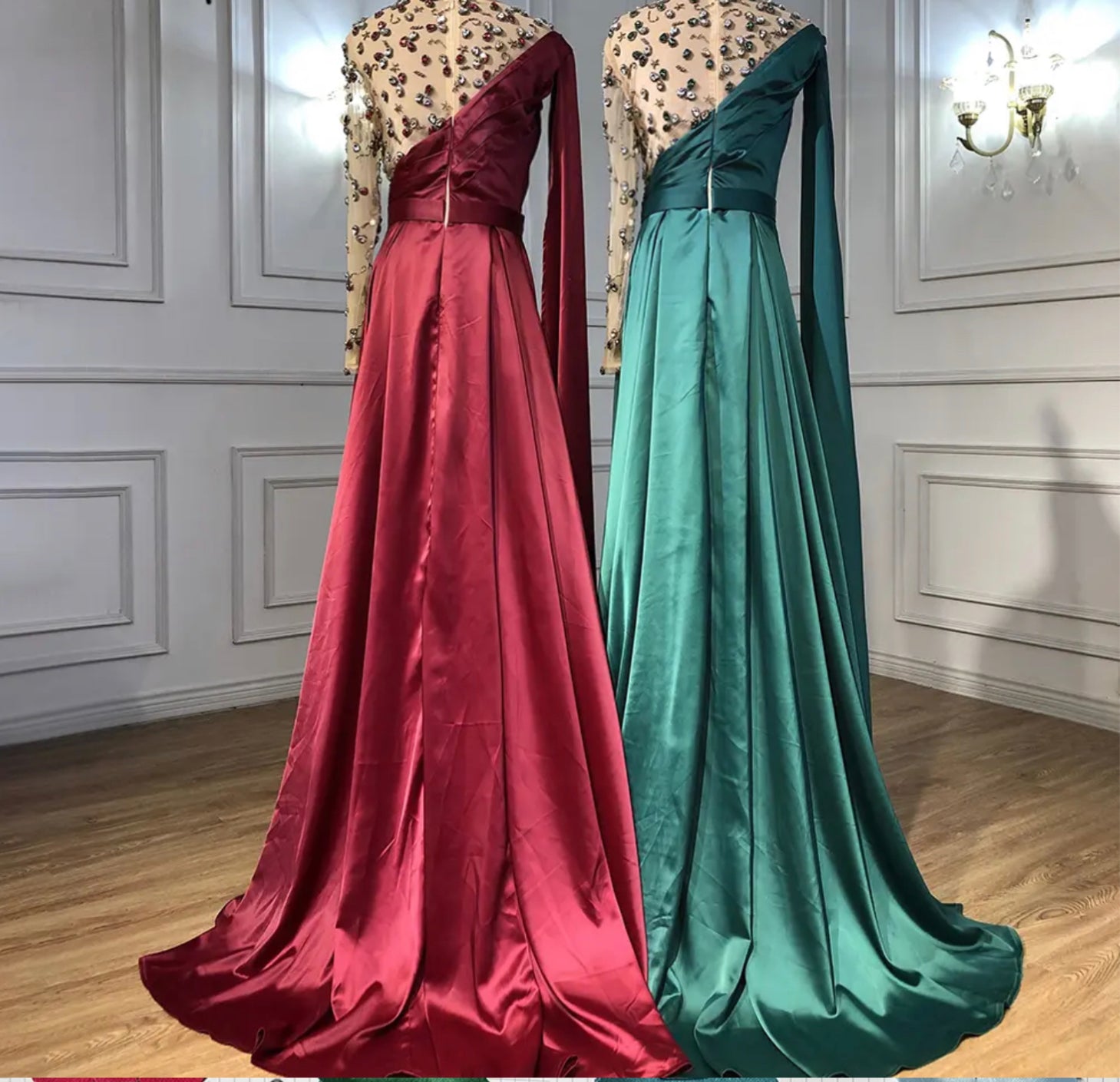 Green A Line One Shoulder Long Sleeve Satin Evening Gowns